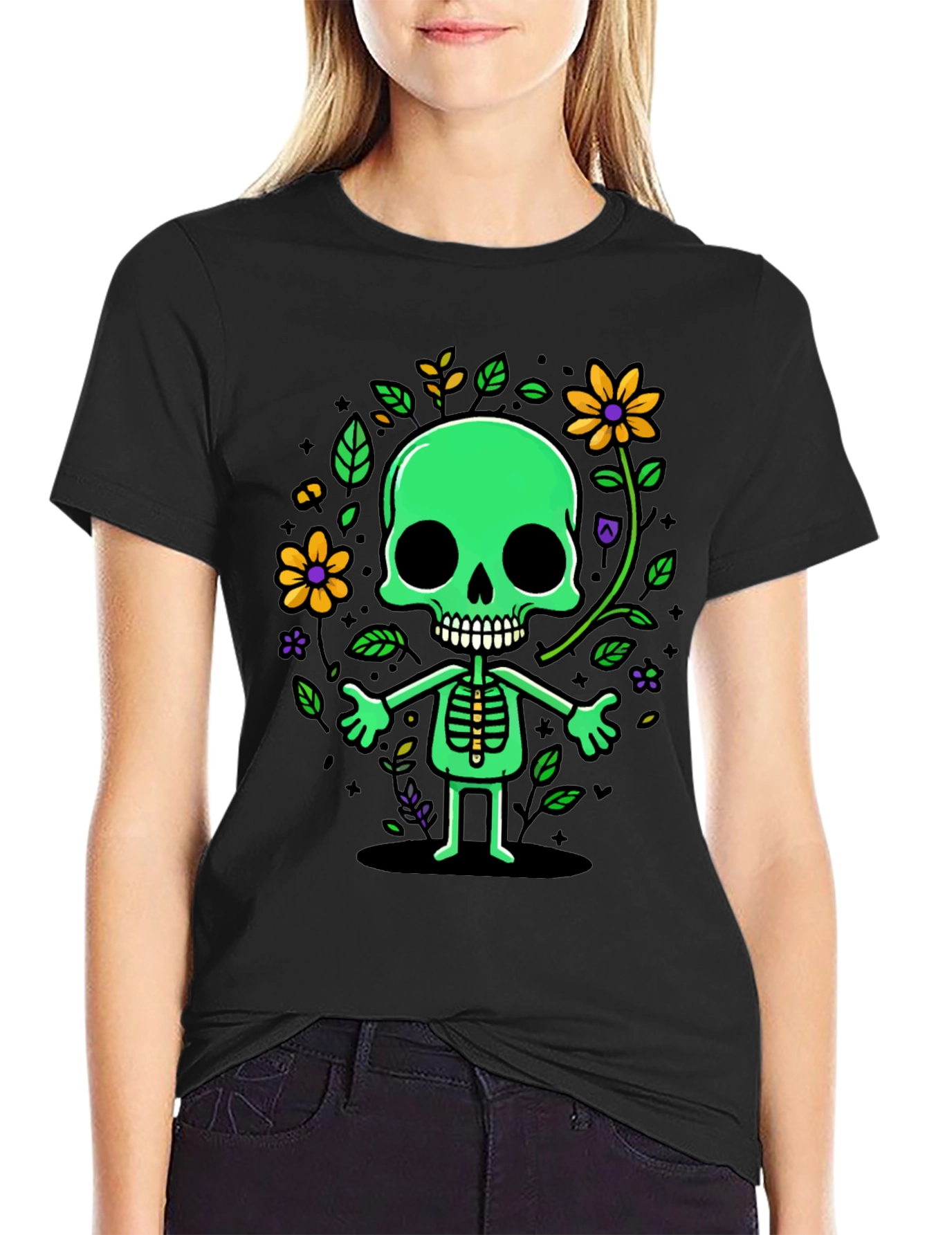 Black Green Floral Skeleton Graphic Tee view 2