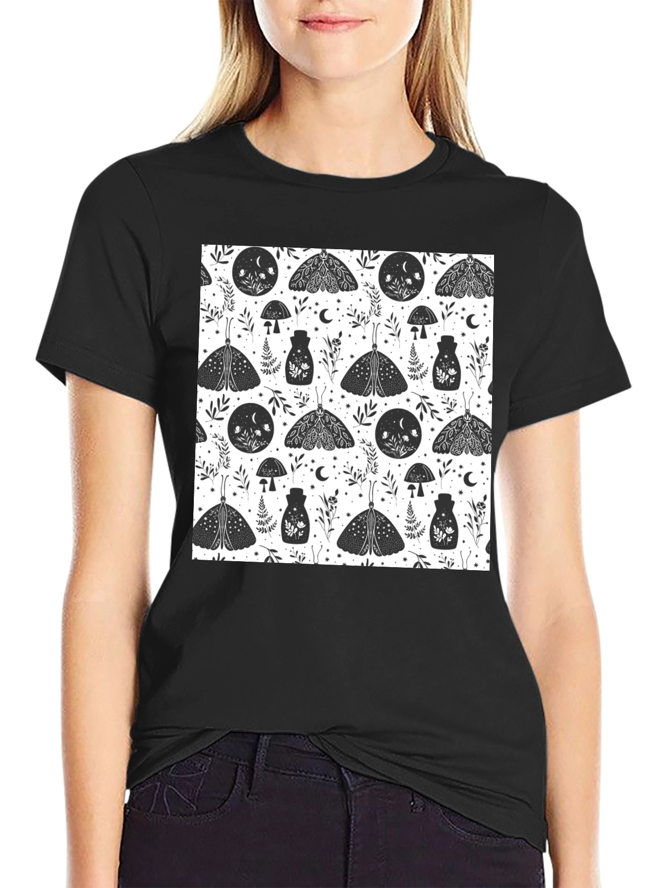 Black Moth Print Tee - Black Cotton T-Shirt view 2