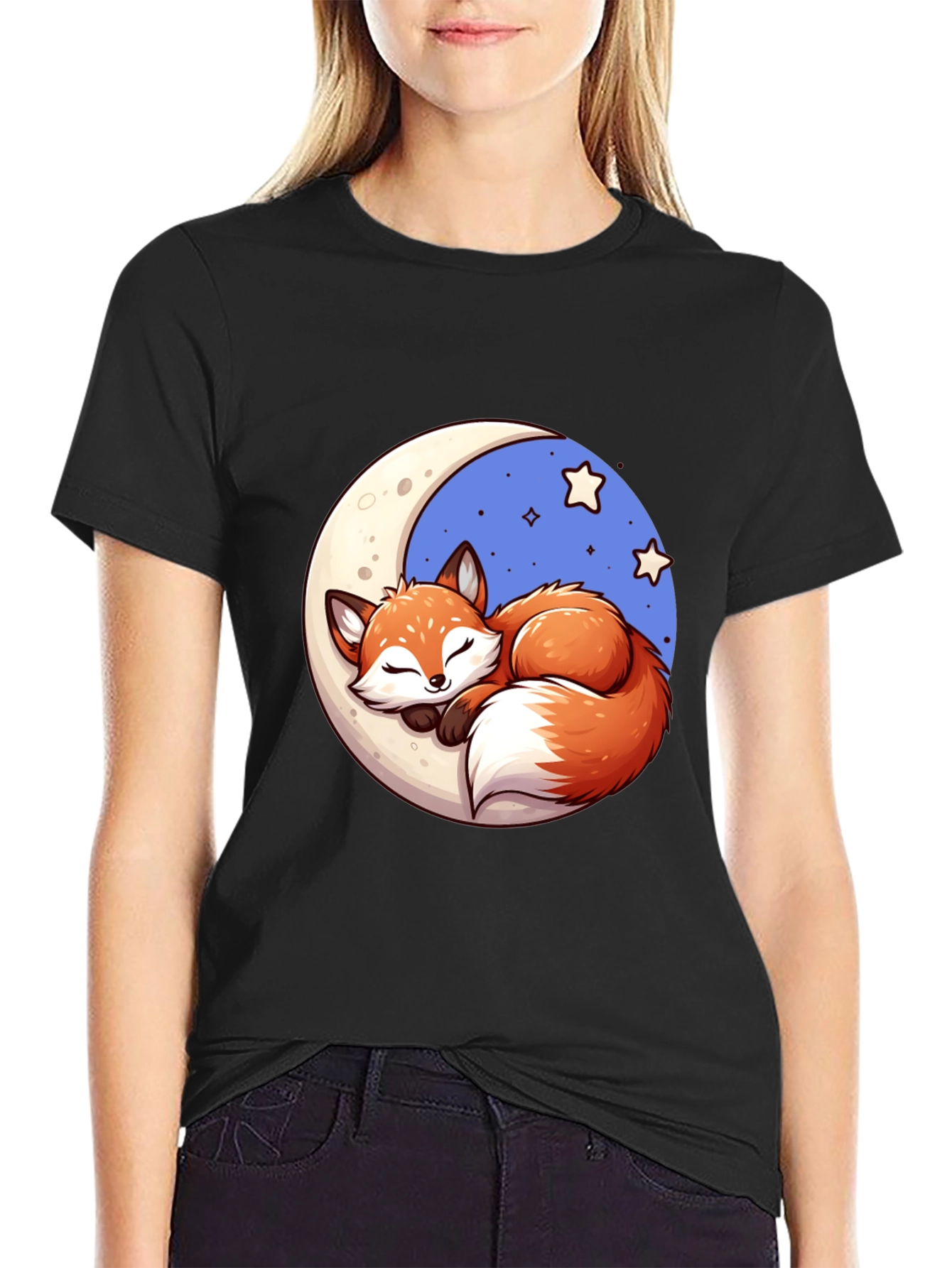 Black Dreamy Fox Graphic Tee - Cute Cartoon Design view 2