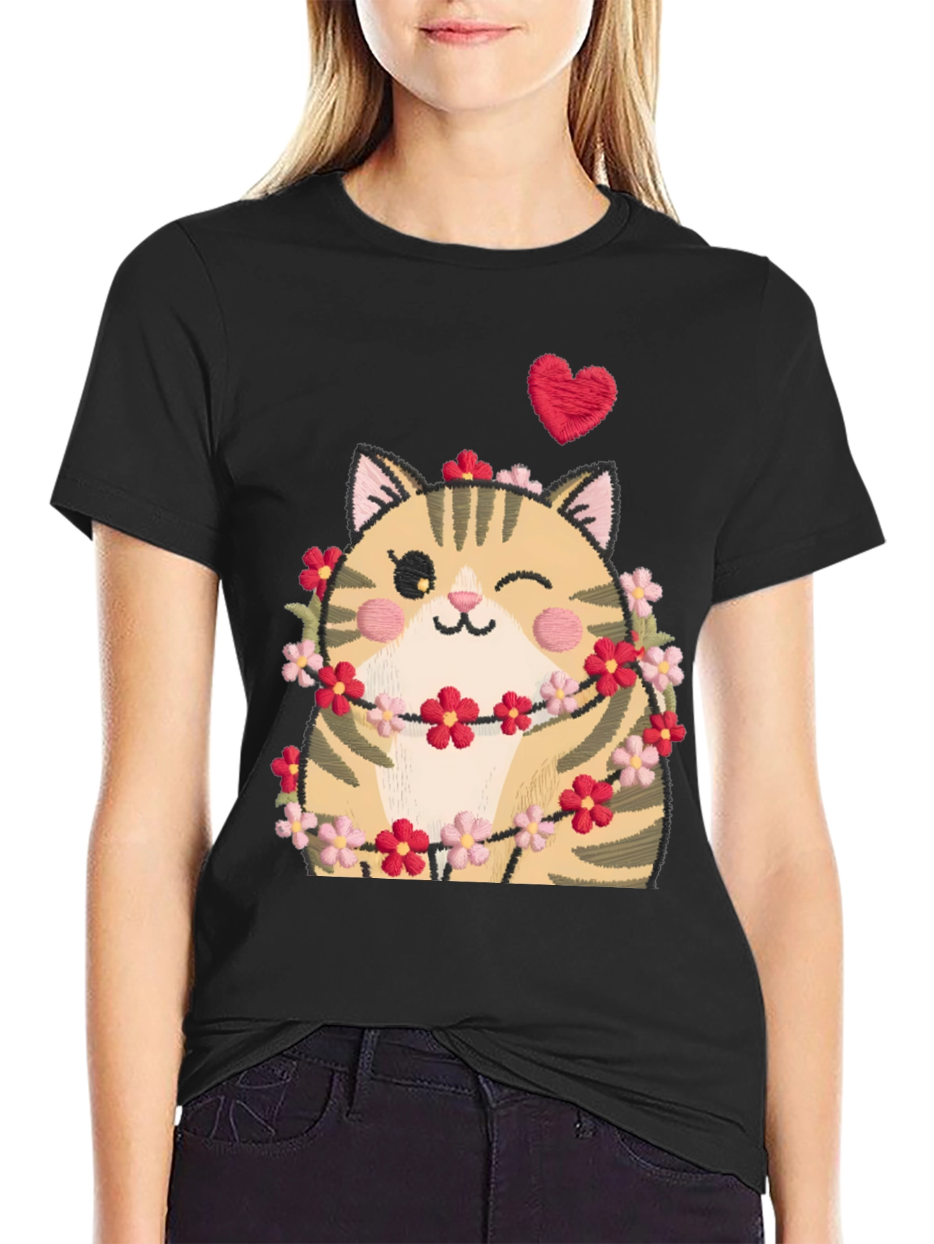 Black Cute Cat in Flowers Black T-Shirt view 2