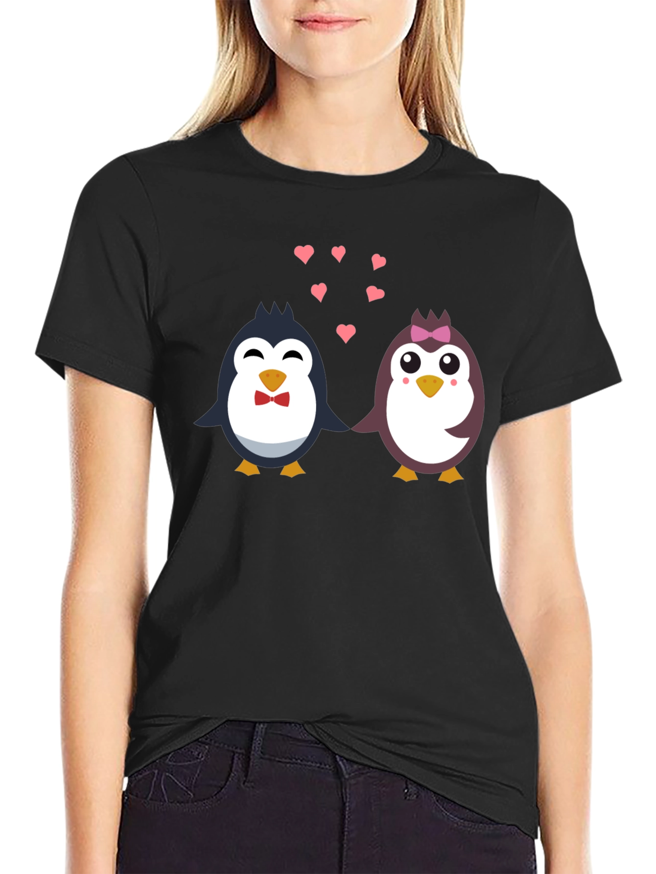 Black Penguin Love T-Shirt - Cute Cartoon Couple Design view 2
