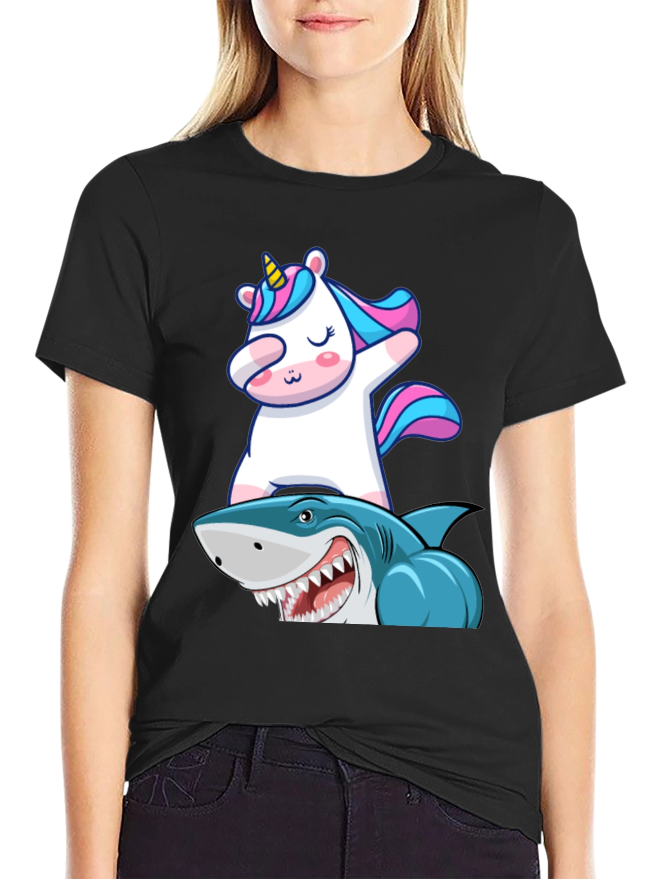 Black Unicorn Dabbing on Shark Graphic Tee view 2