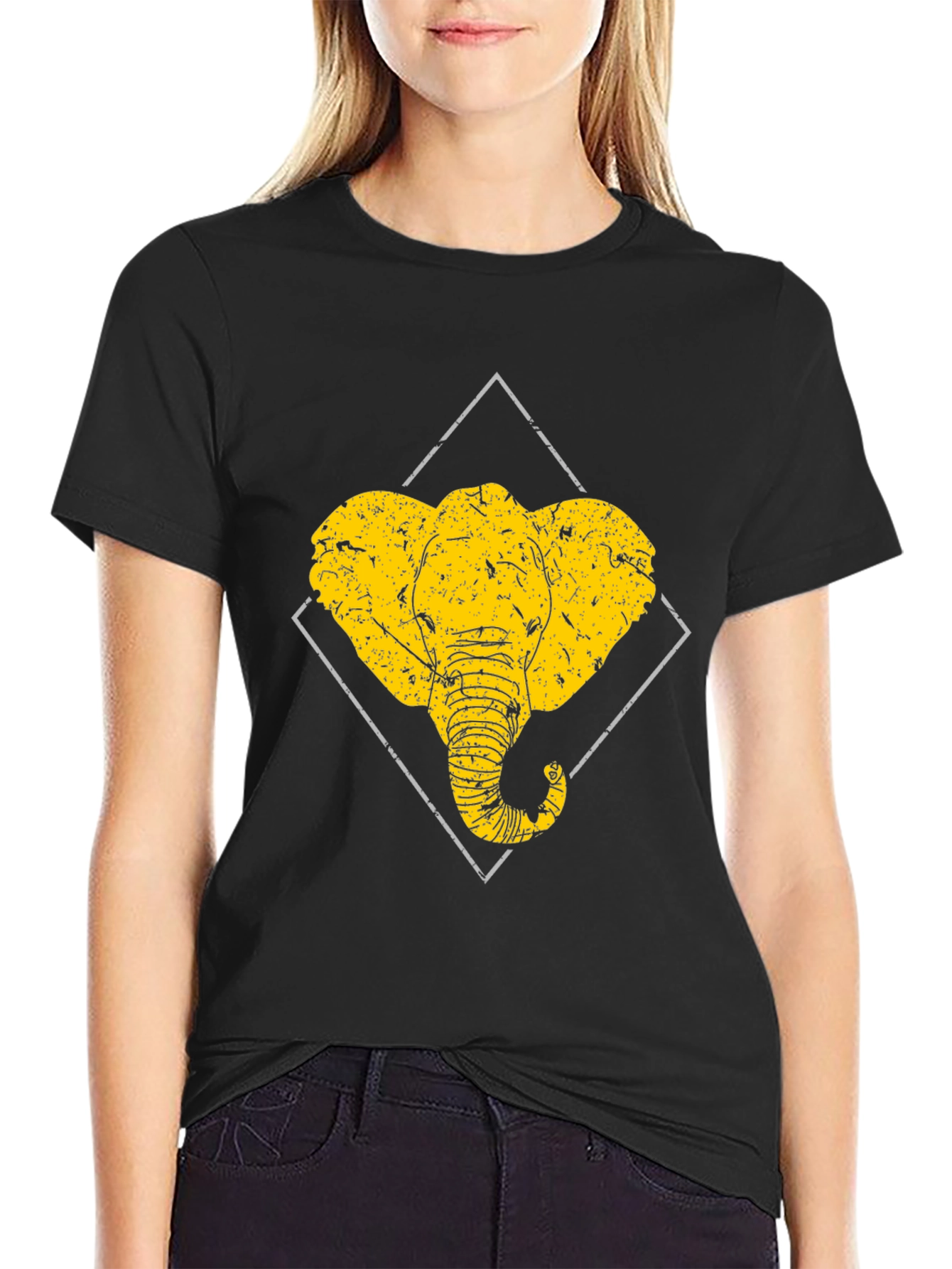 Black Elephant Graphic Tee - Distressed Design, Black Cotton view 2