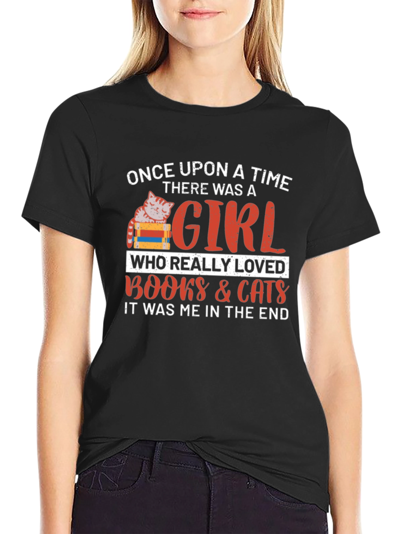 Black Once Upon a Time Cat & Books Lover T-Shirt view 2