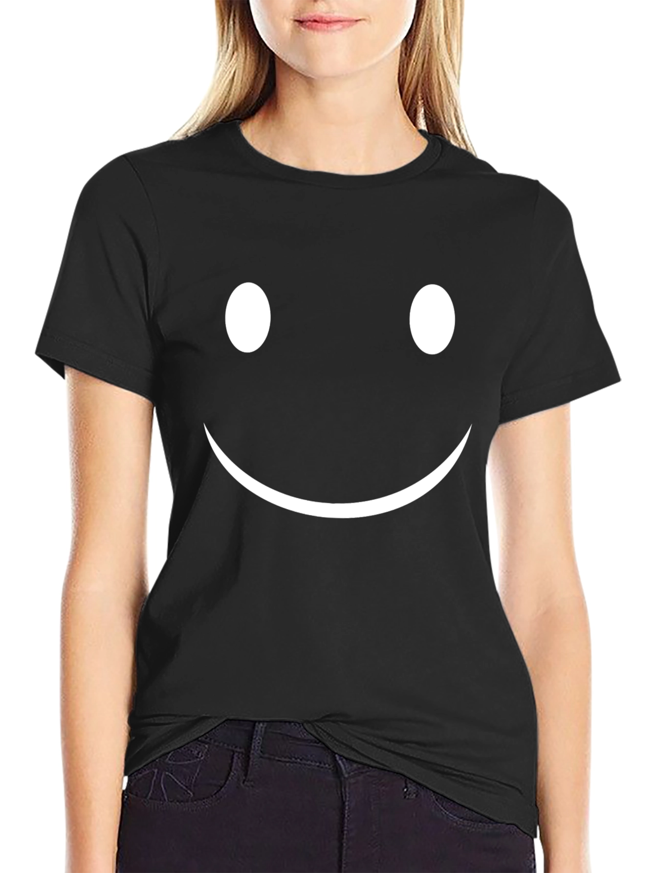 Black Smiley Face Black Cotton T-Shirt view 2