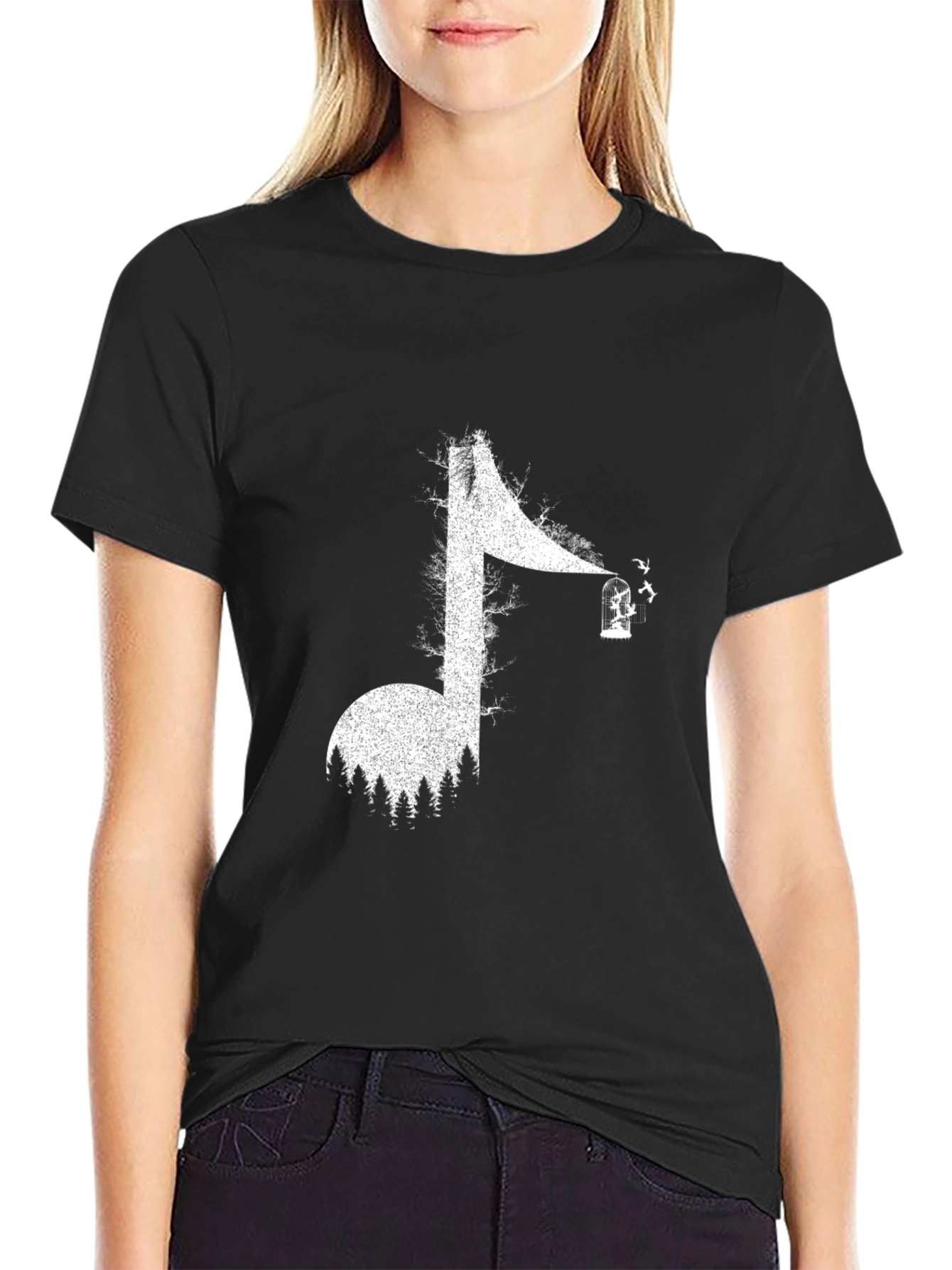 Black Music Note Forest T-Shirt - Unique Graphic Tee view 2