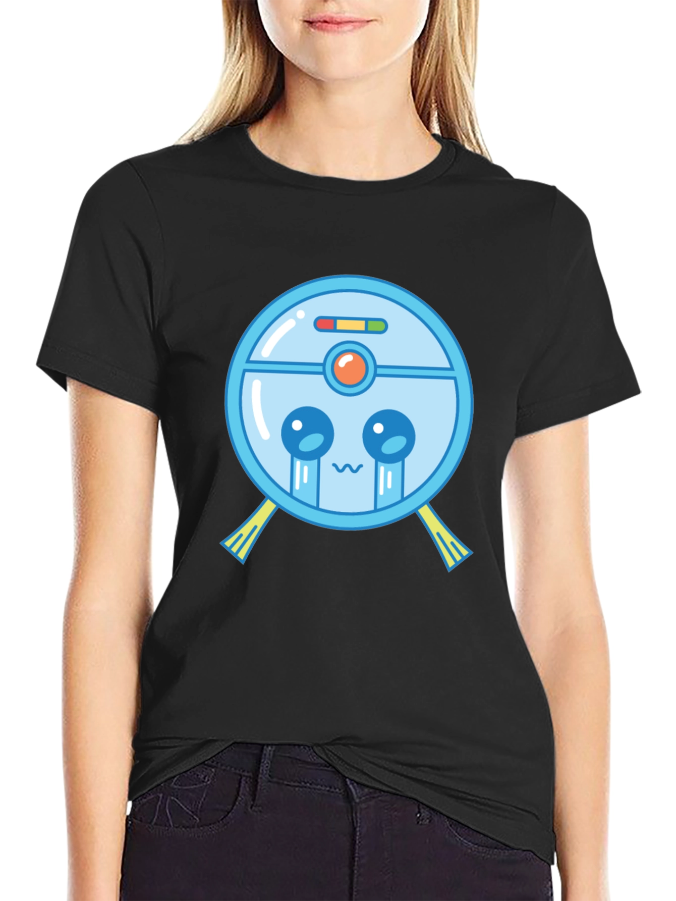 Black Cute Robot Vacuum T-Shirt - Black Graphic Tee view 2