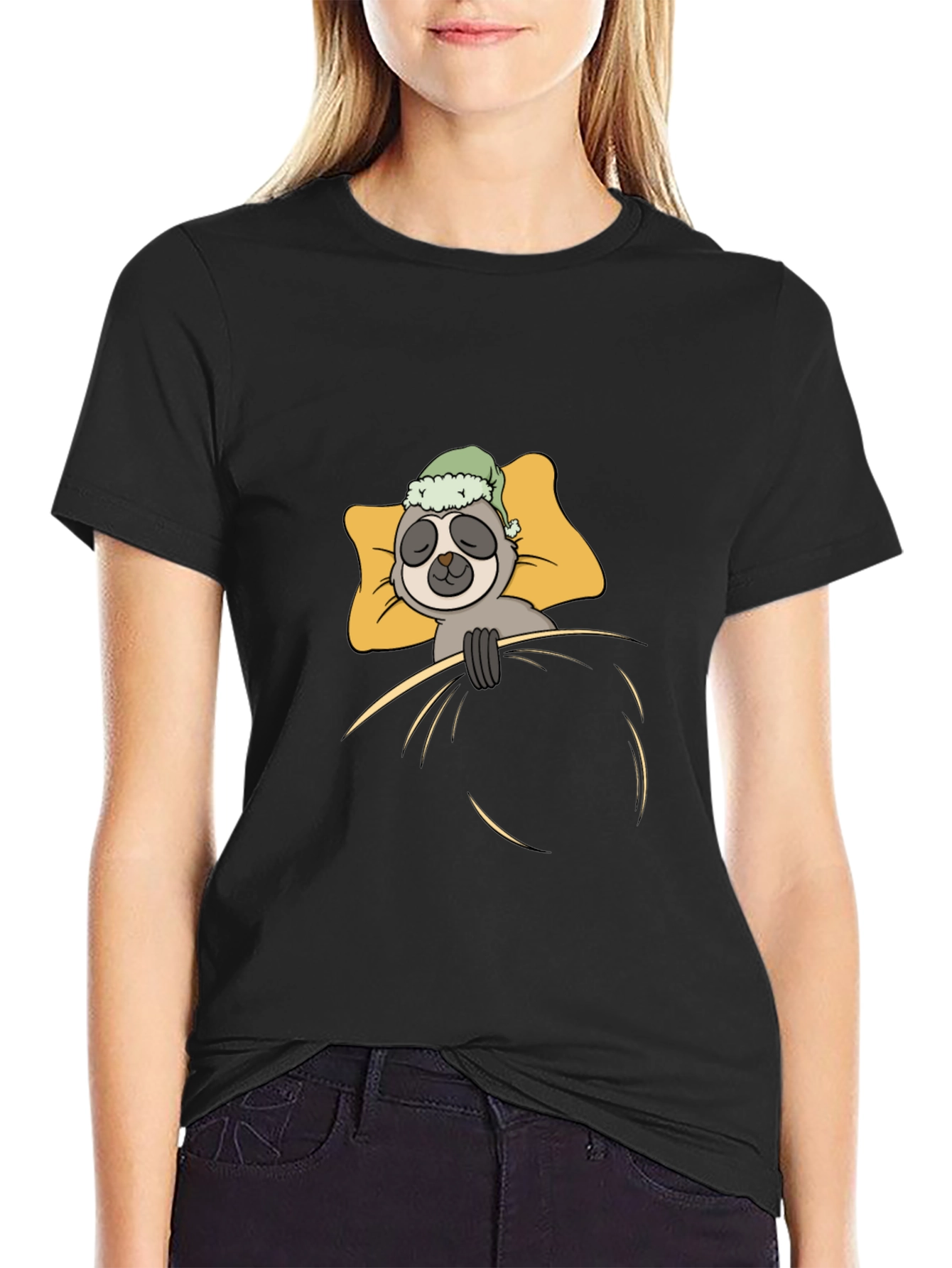 Black Sloth Sleeping in Bed Graphic T-Shirt view 2