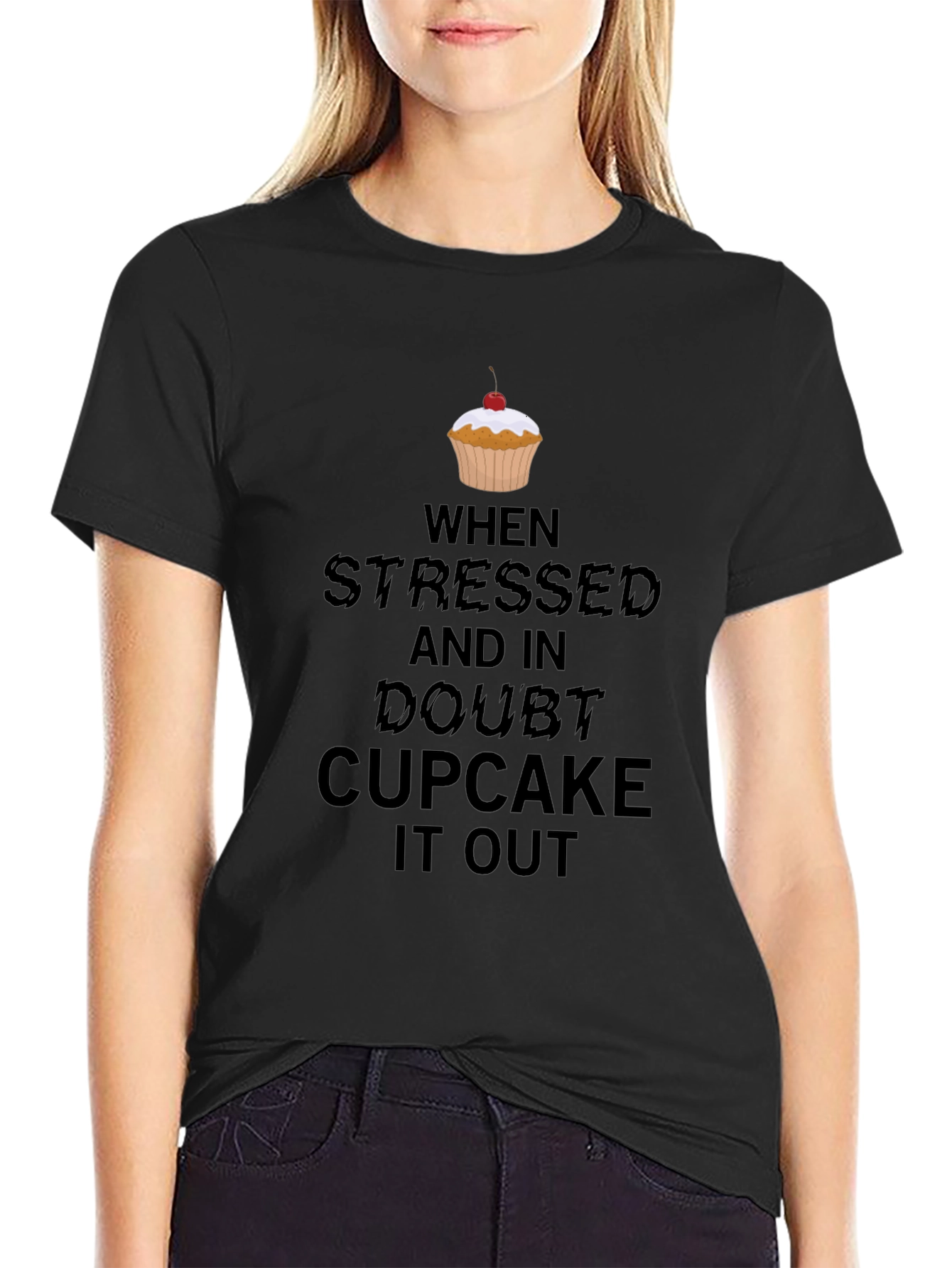 Black Stressed? Cupcake It Out Black Graphic Tee view 2