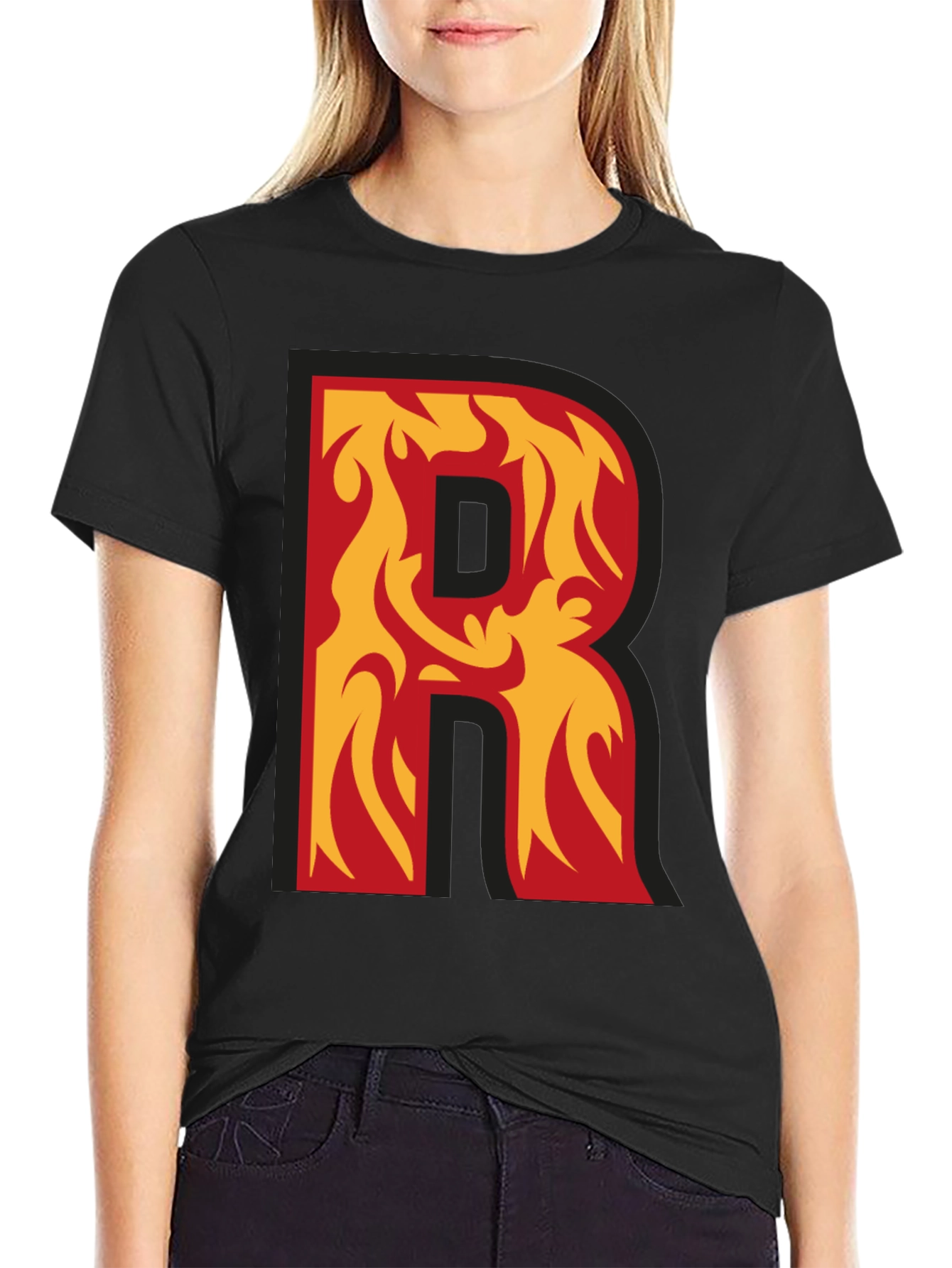 Black Flaming Letter R Graphic Tee - Cool Design! view 2