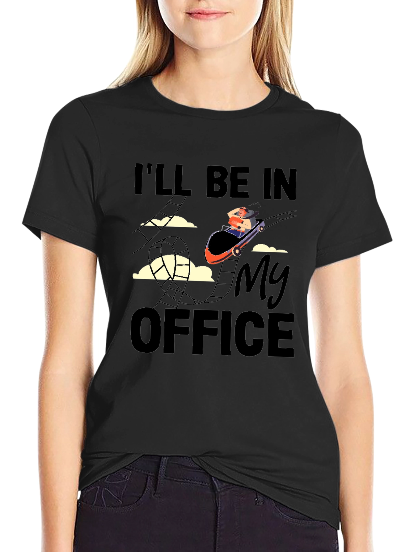 Black Roller Coaster Office T-Shirt - Thrill Ride Work Tee view 2