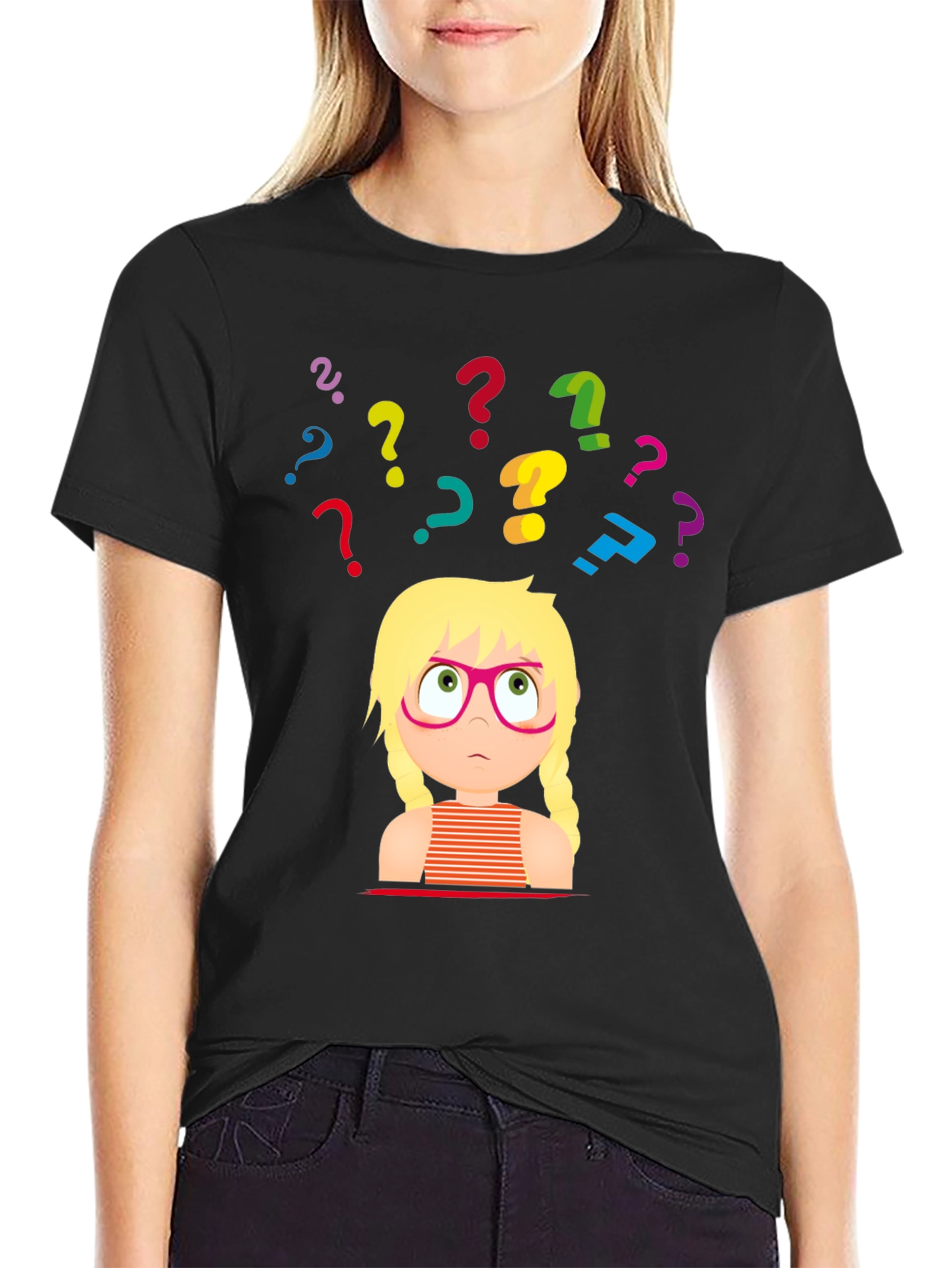 Black Puzzled Girl Graphic Tee - Black Cotton T-Shirt view 2