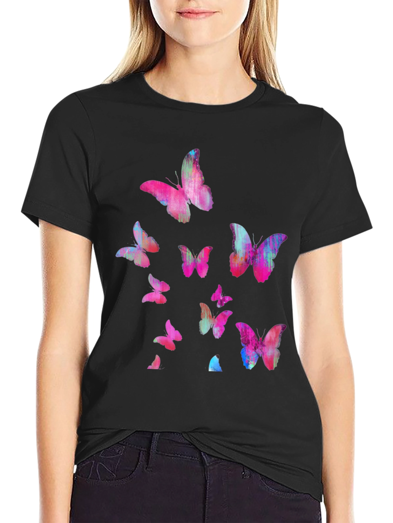 Black Butterfly Print Men's Black T-Shirt view 2