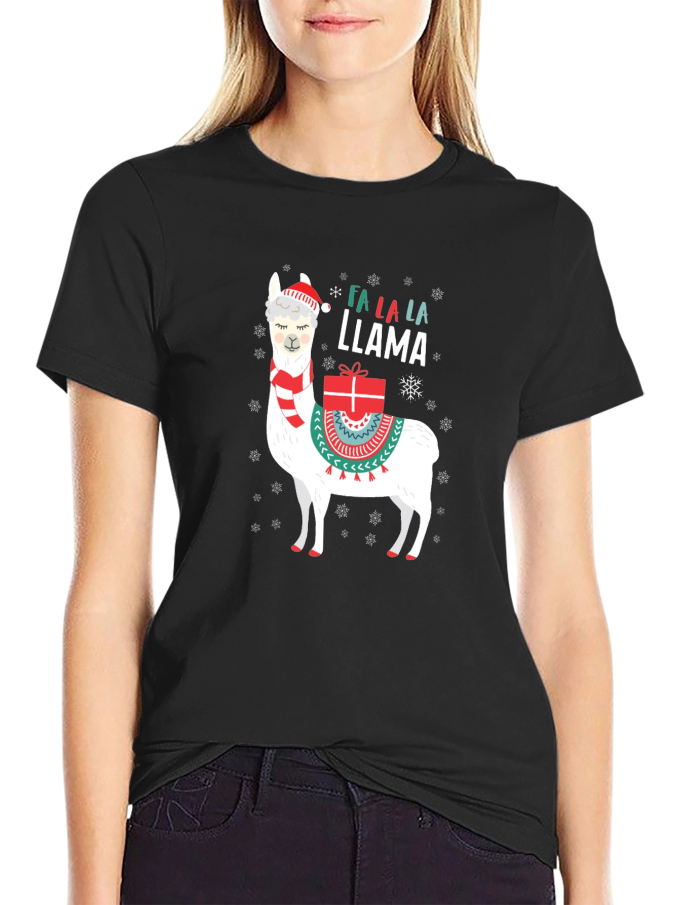 Black Festive Llama Christmas T-Shirt view 2