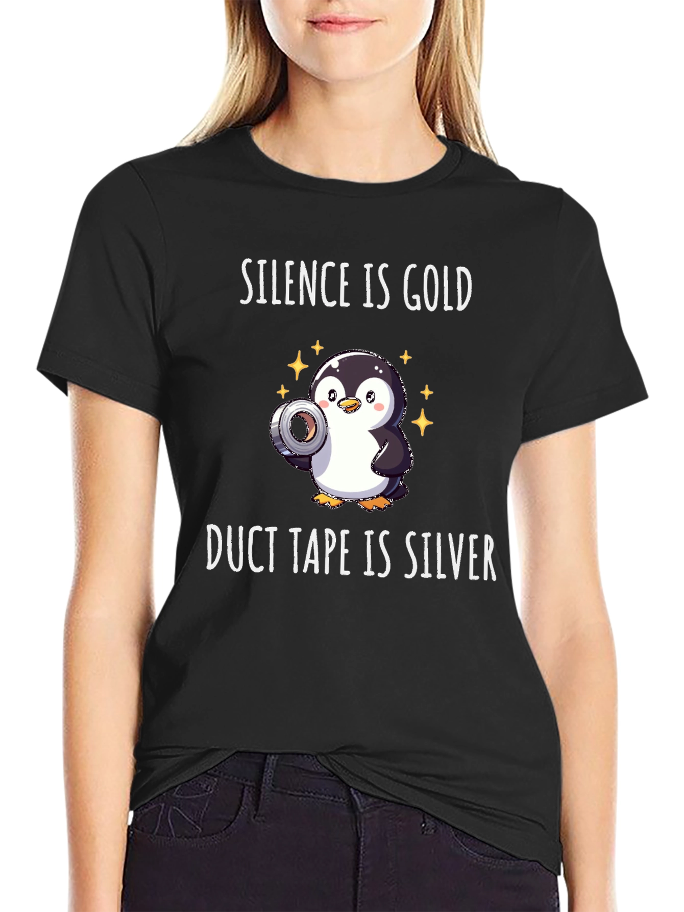 Black Silence is Gold Duct Tape is Silver Penguin T-Shirt view 2