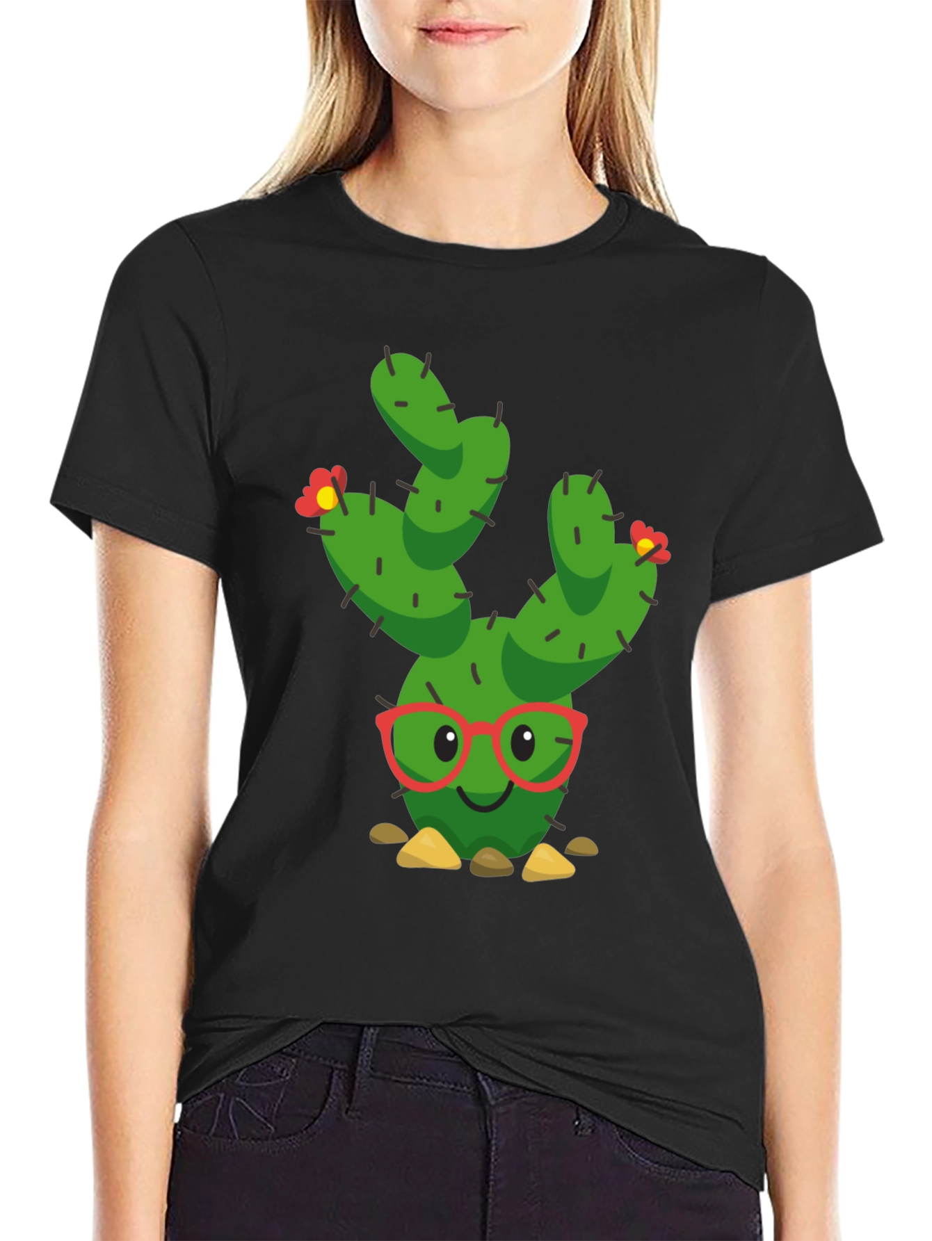 Black Funny Cactus Graphic Tee - Black Cotton T-Shirt view 2