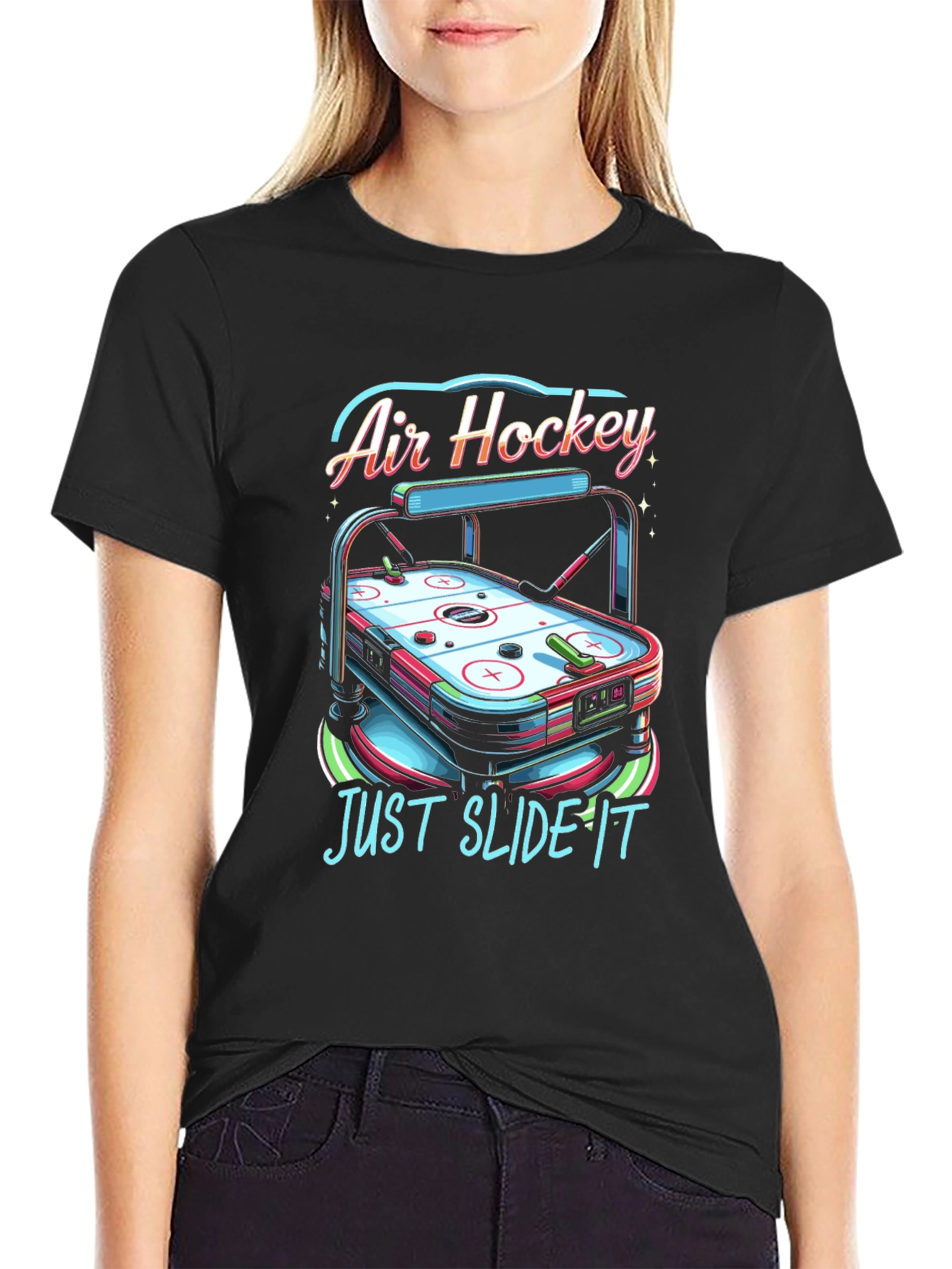Black Air Hockey T-Shirt - "Just Slide It" Graphic Tee view 2