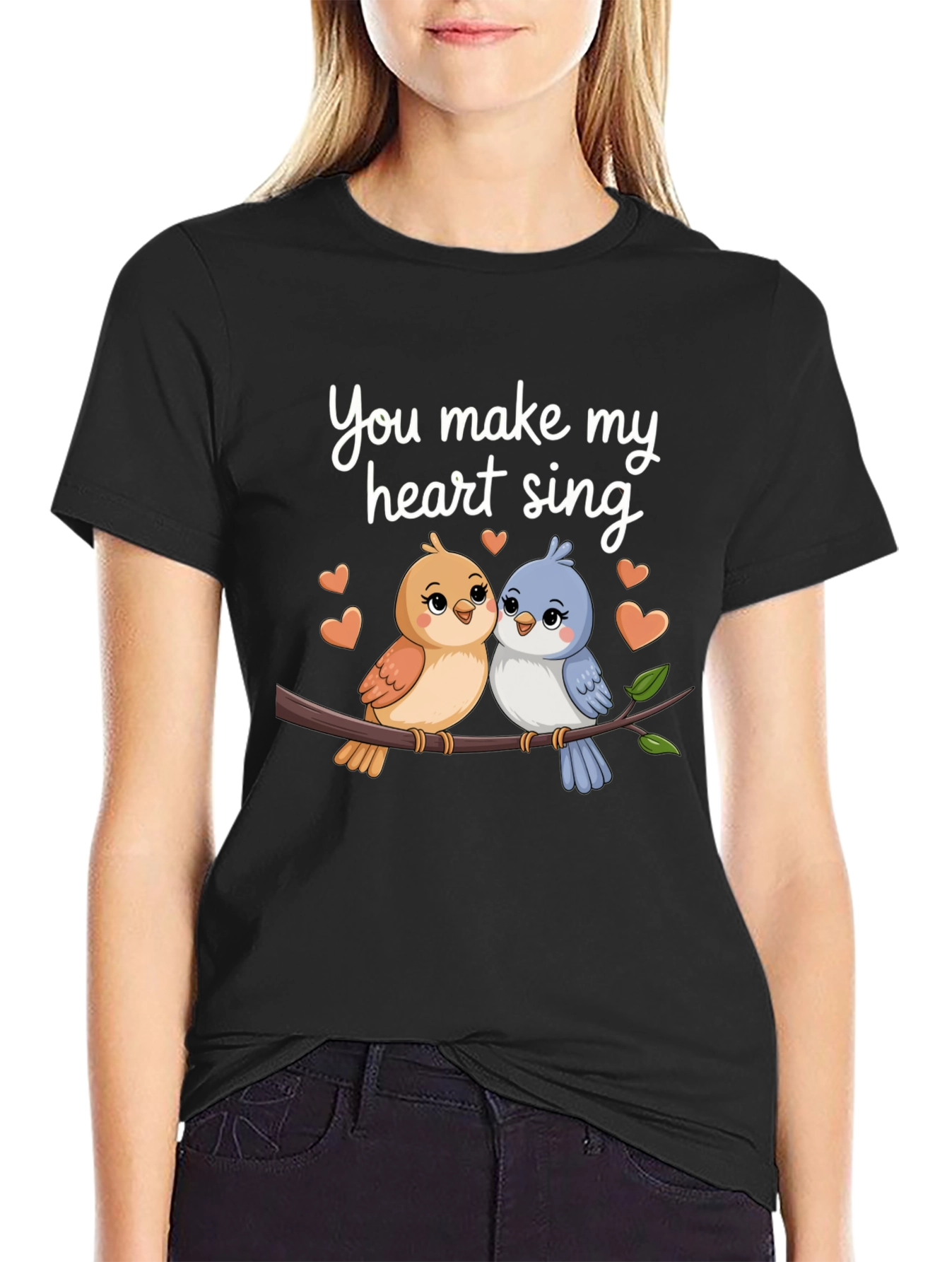 Black Cute Birds Heart Sing Black T-Shirt view 2
