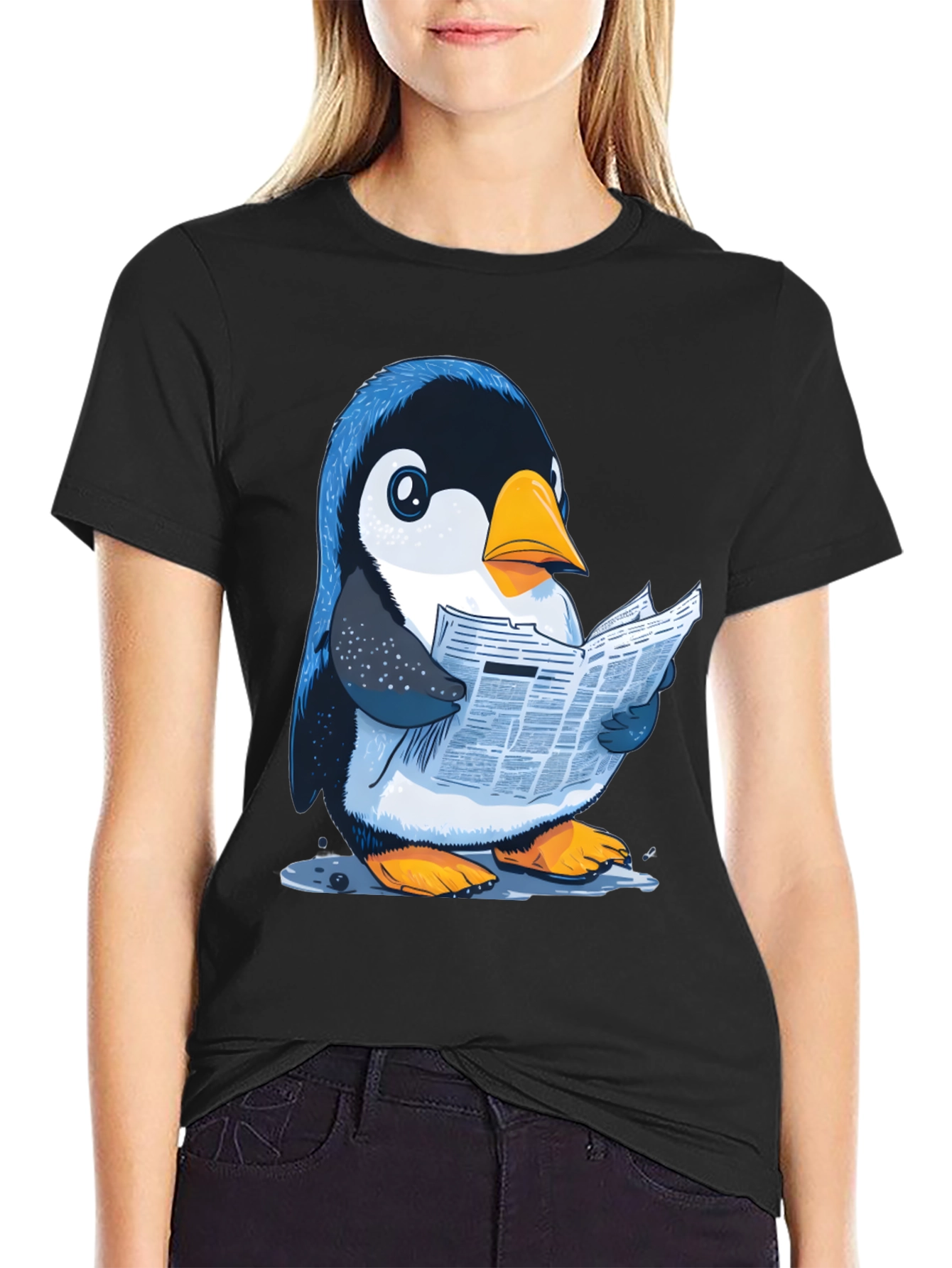 Black Penguin Reading News T-Shirt view 2