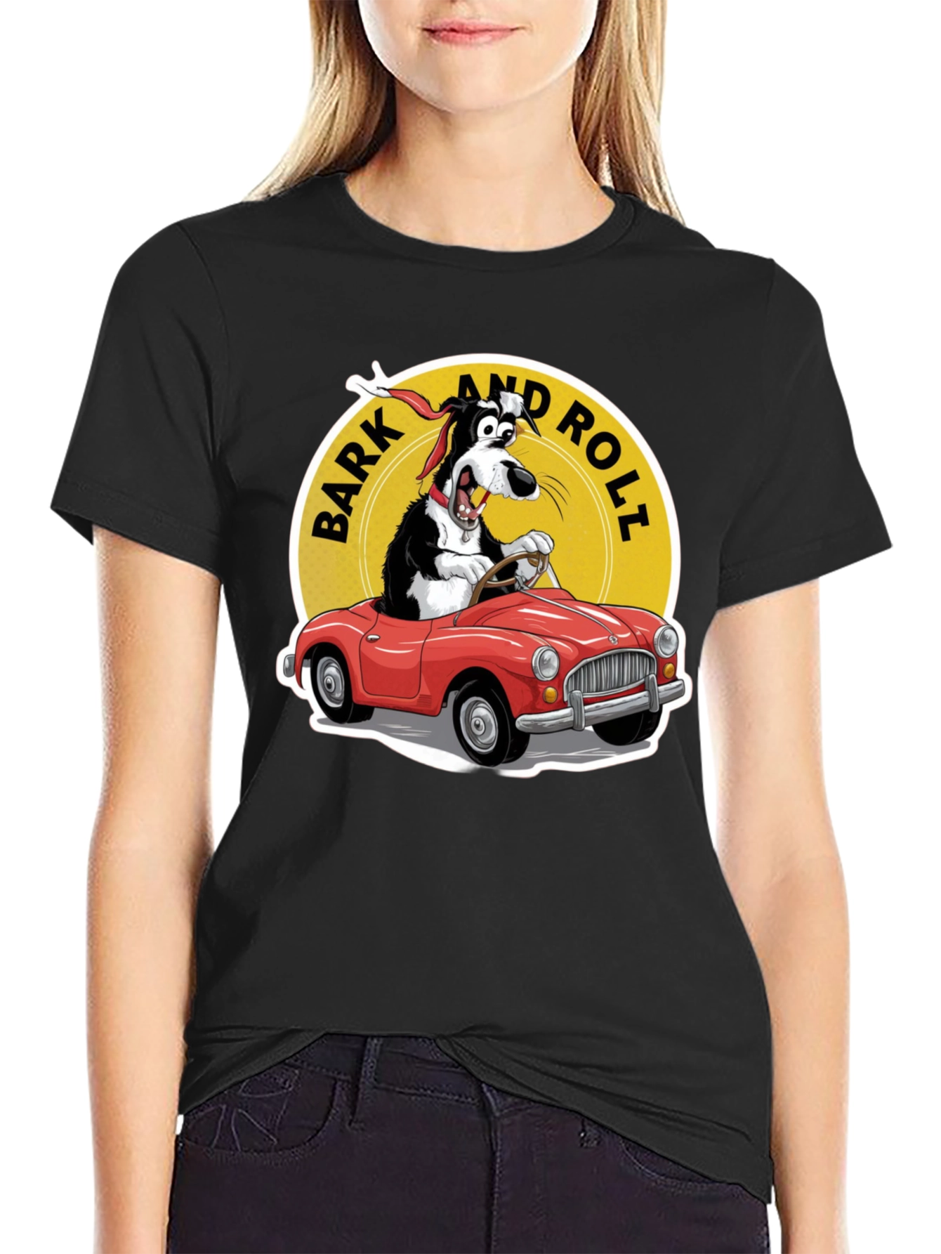 Black Bark and Roll T-Shirt - Dog Driving Car view 2