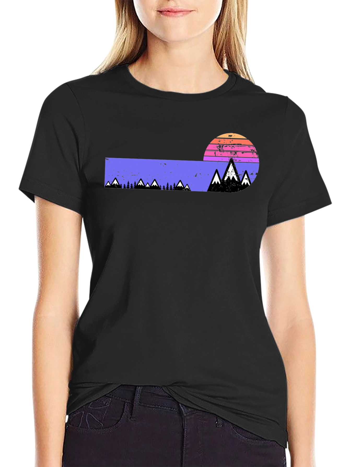 Black Retro Mountain Sunset Graphic Tee view 2