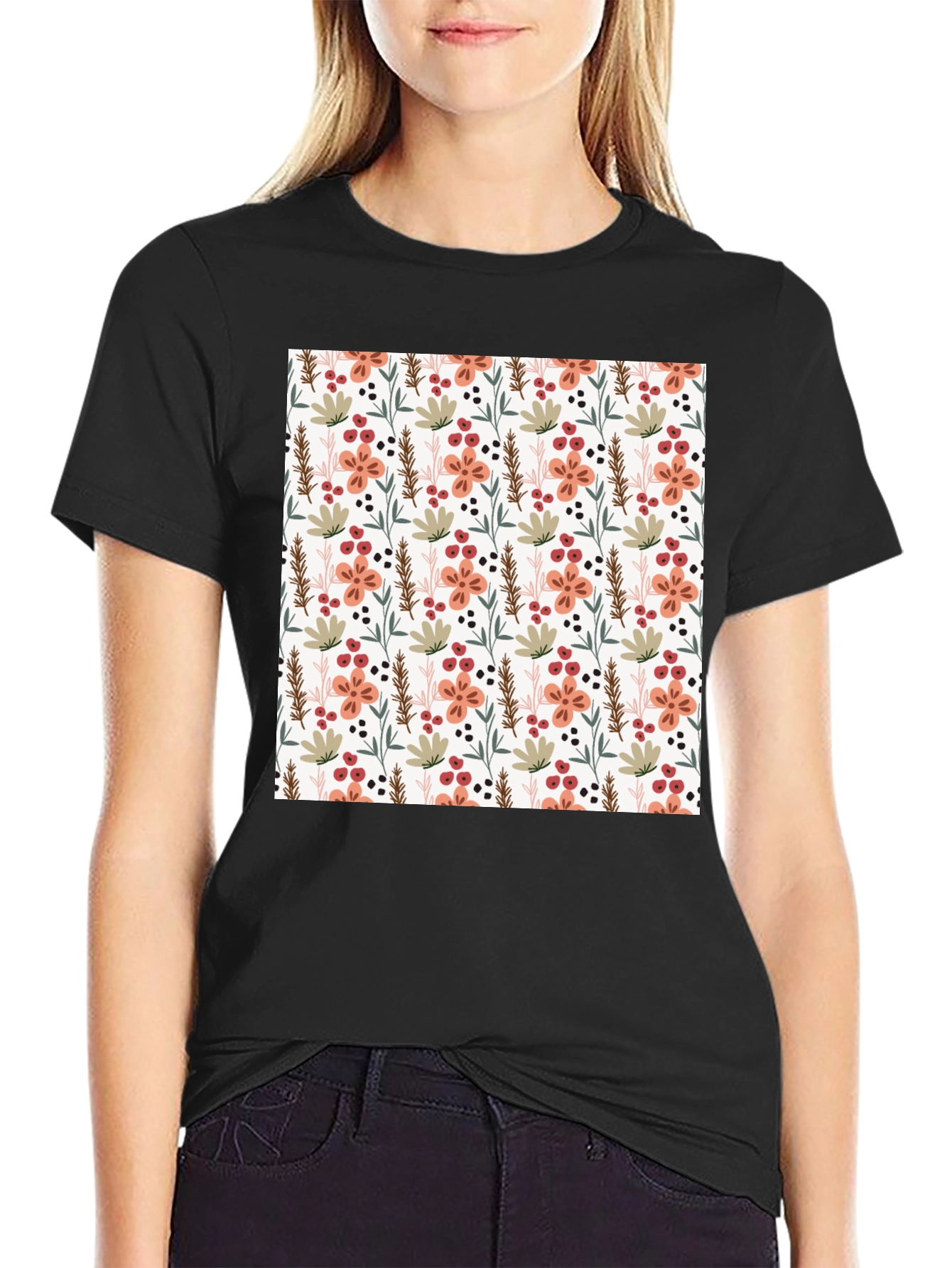 Black Floral Pattern Black Crew Neck T-Shirt view 2