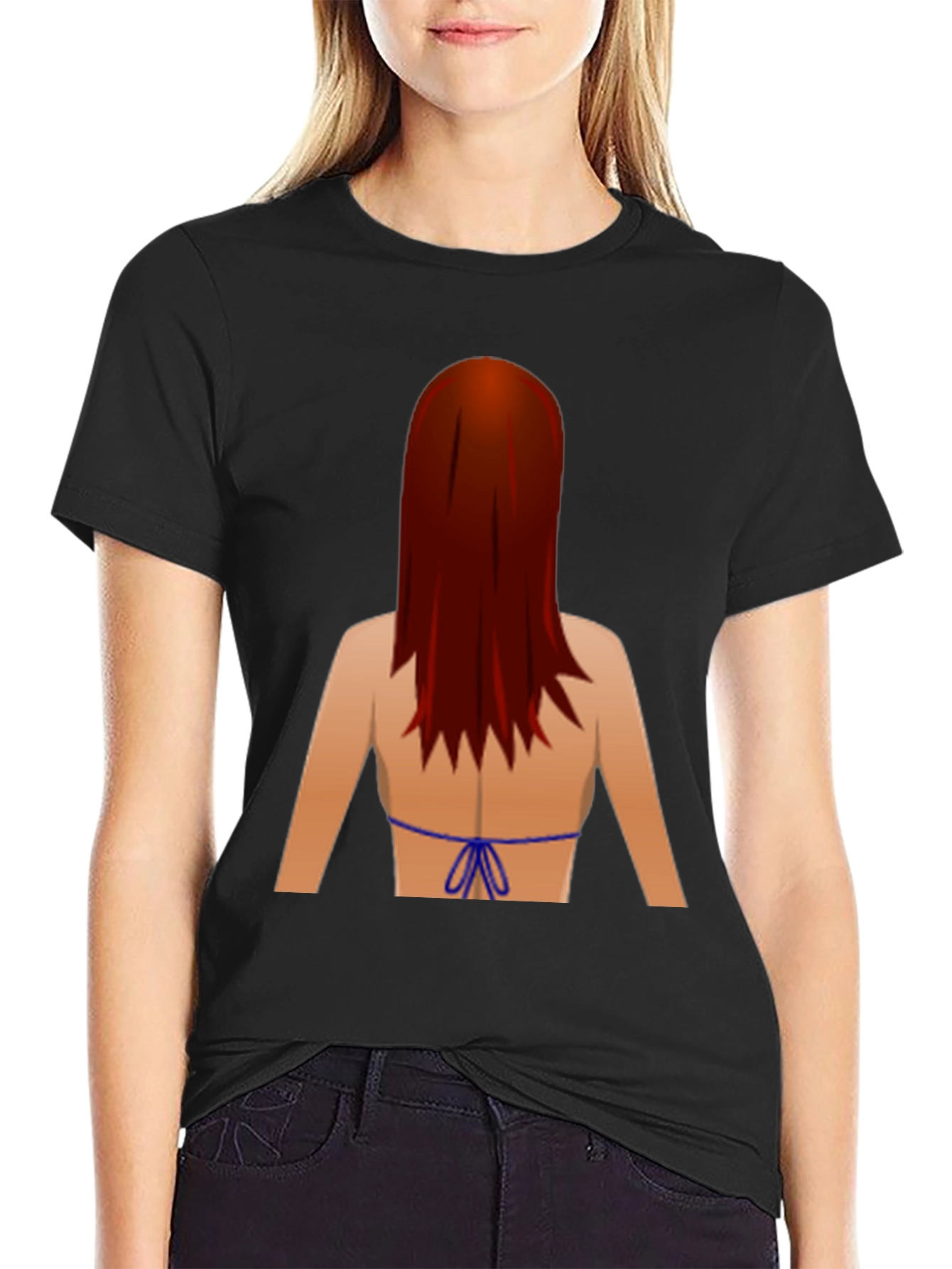 Black Novelty Graphic T-Shirt: Back View Bikini Redhead view 2