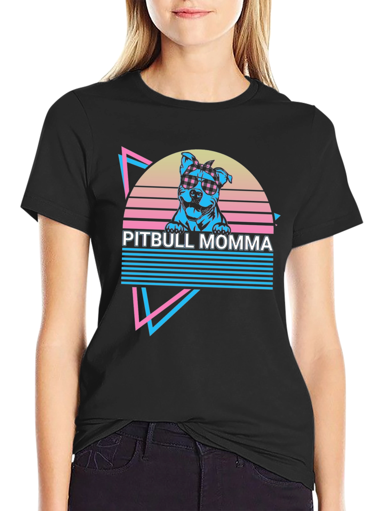 Black Pitbull Momma Retro T-Shirt view 2