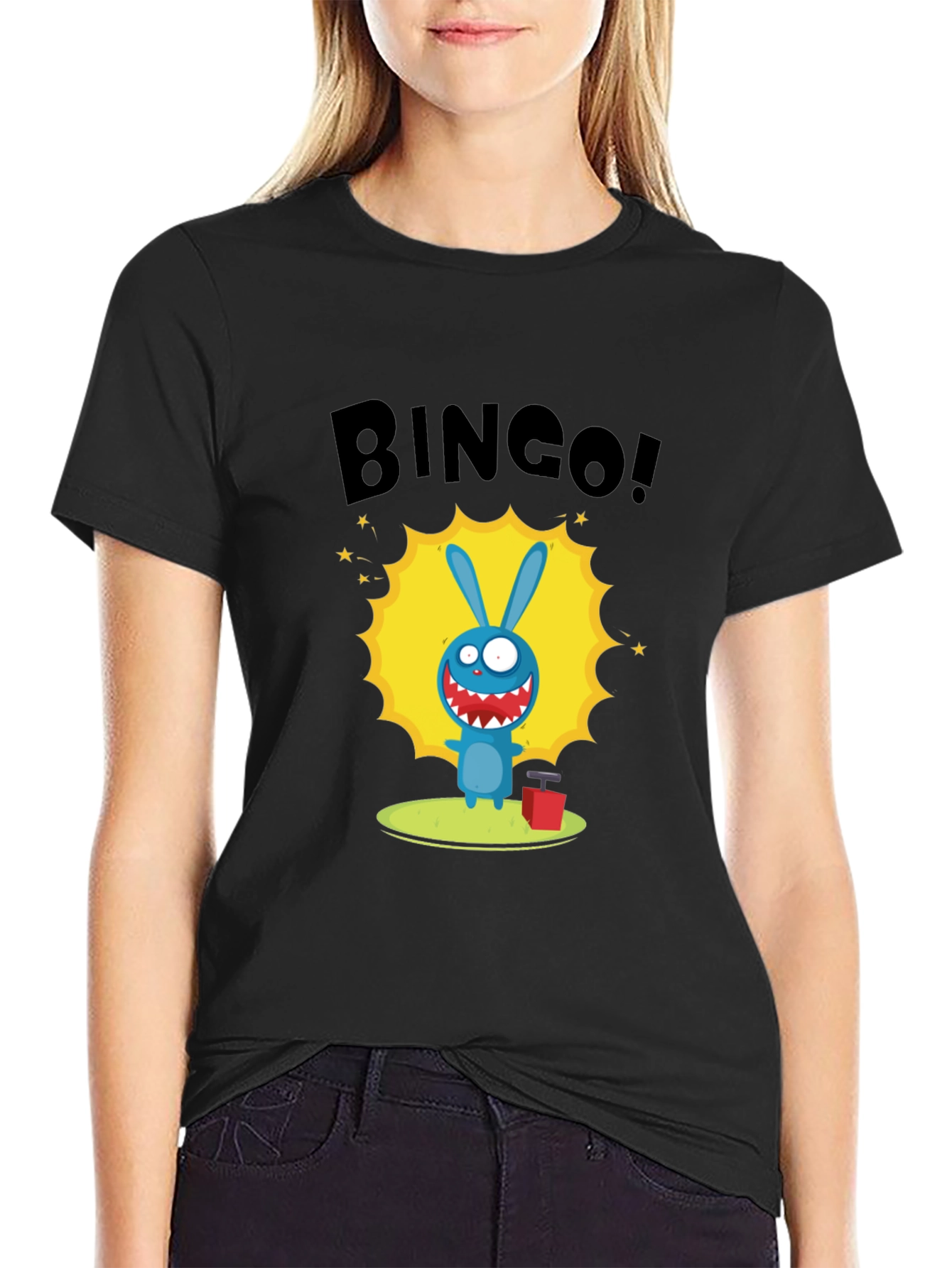 Black Bingo! Cartoon Bunny Graphic Print Black T-Shirt view 2