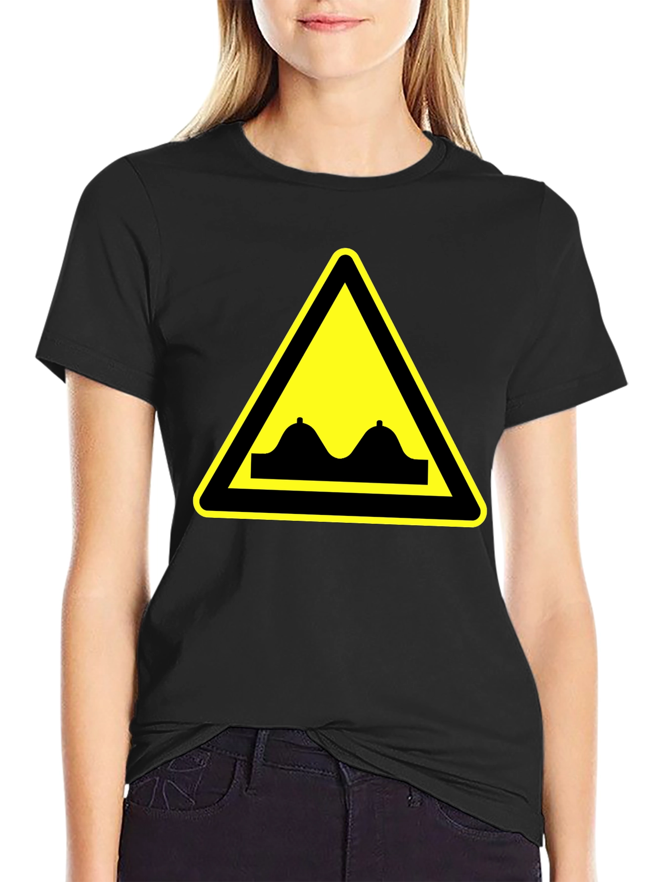 Black Funny Boobs Warning Sign T-Shirt - Black Cotton Tee view 2
