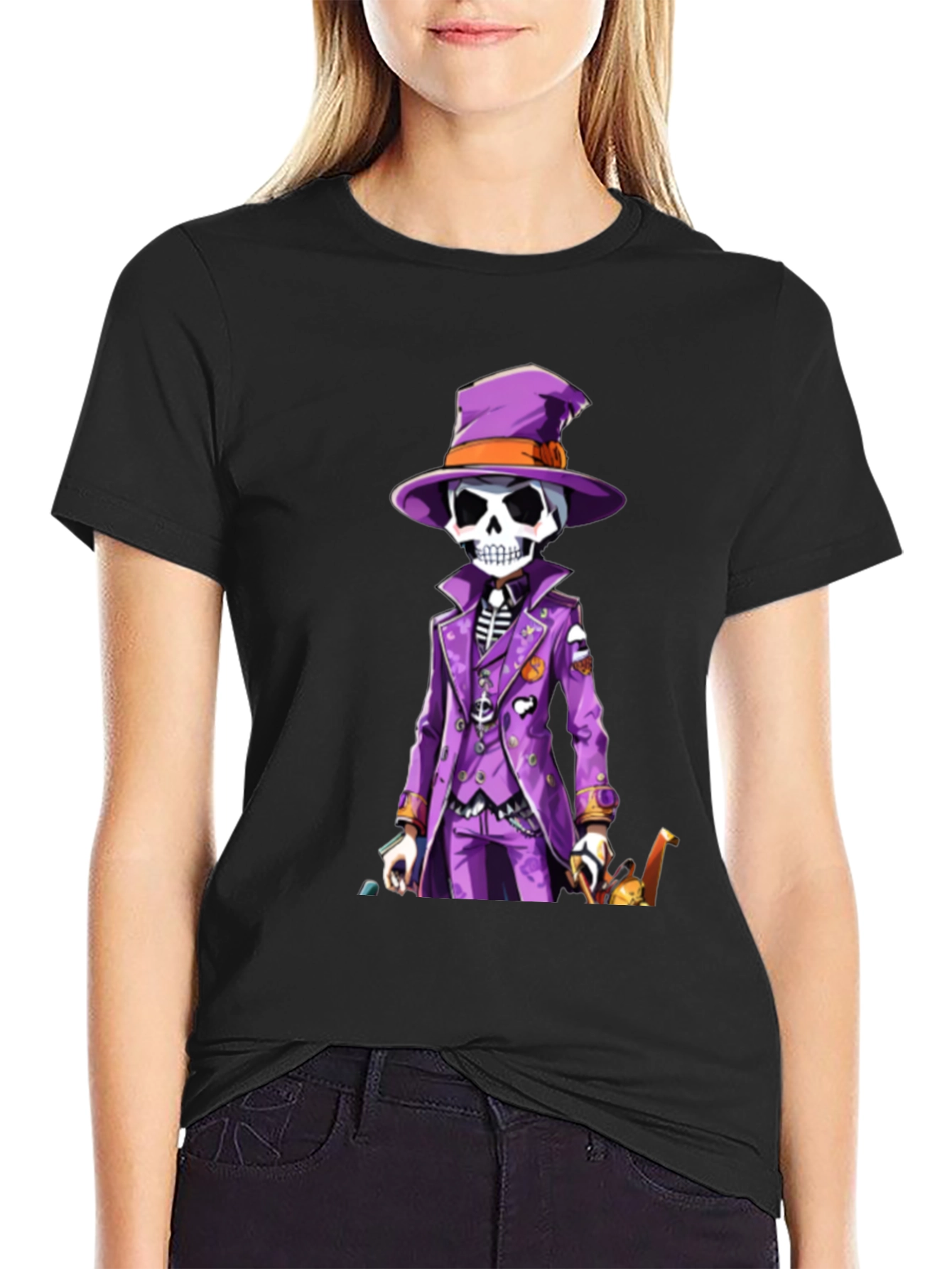 Black Skeleton in Purple Suit T-Shirt view 2