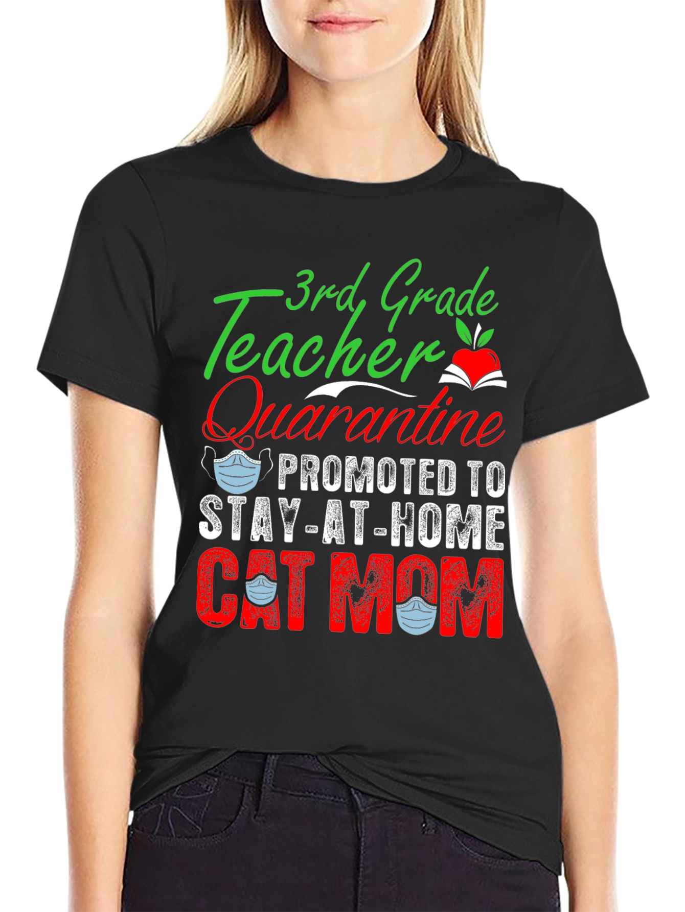 Black 3rd Grade Teacher Quarantine Cat Mom T-Shirt view 2