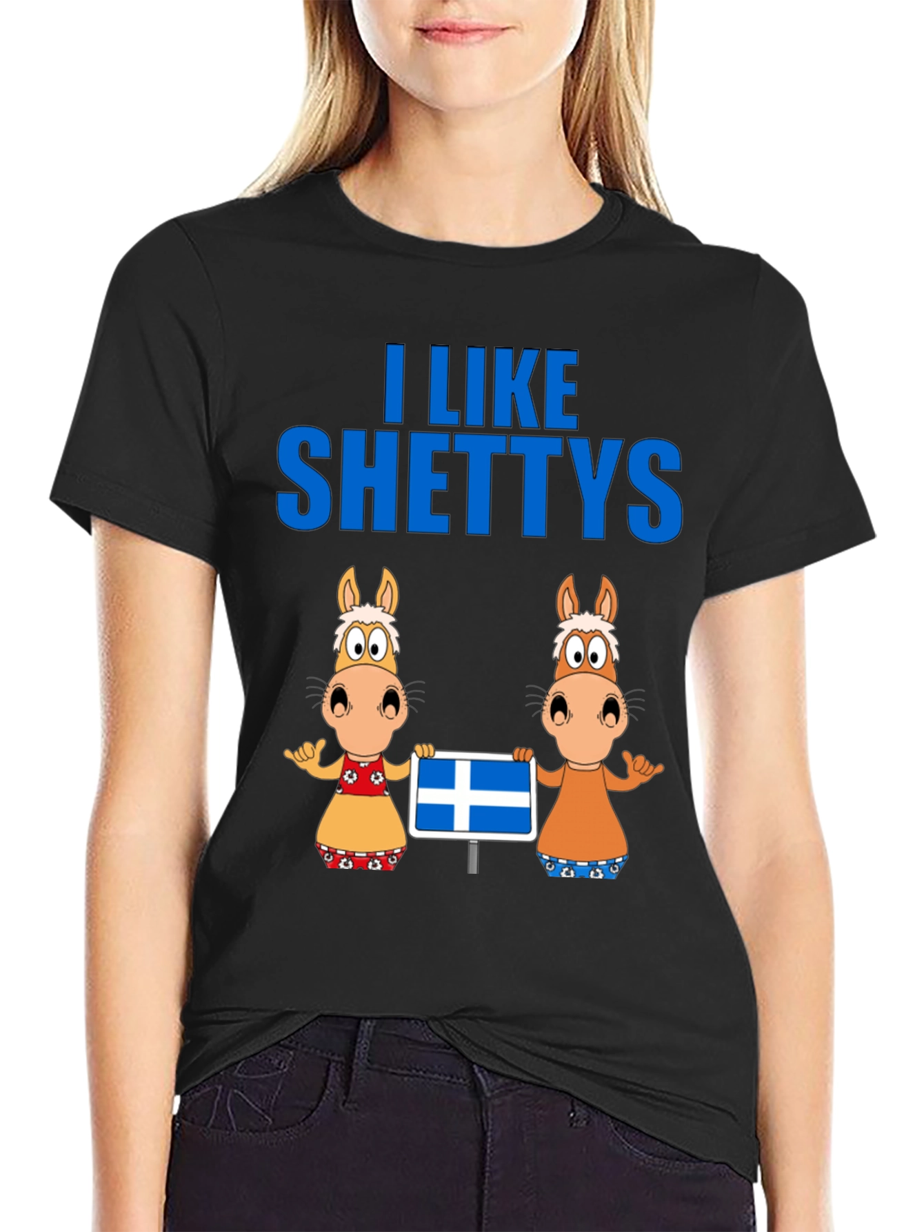 Black I Like Shettys T-Shirt: Cute Horse Cartoon Tee view 2