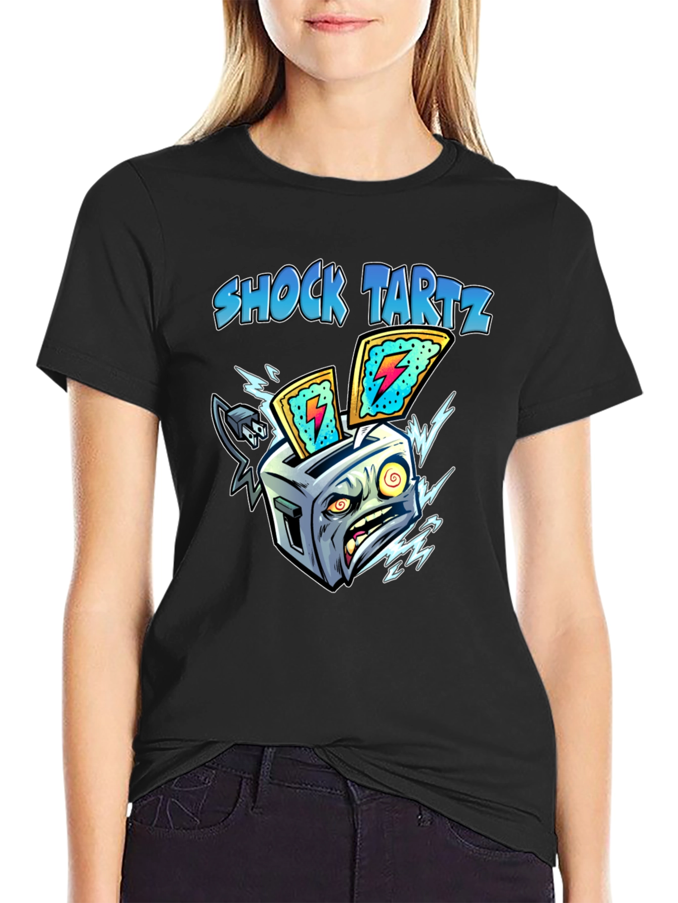 Black Shock Tartz Graphic T-Shirt - Electrifying Toaster Design view 2