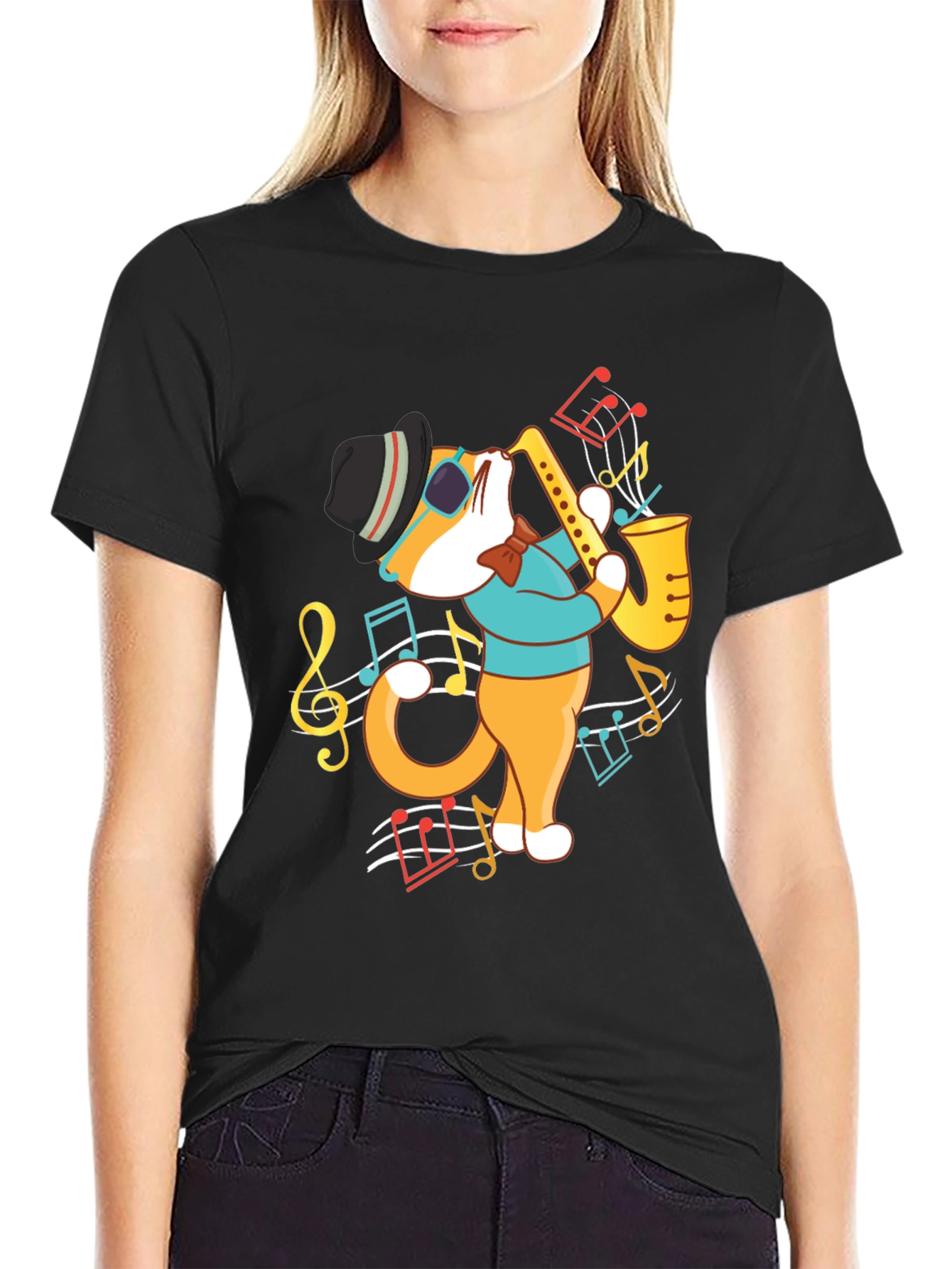 Black Cool Cat Saxophone Graphic T-Shirt view 2