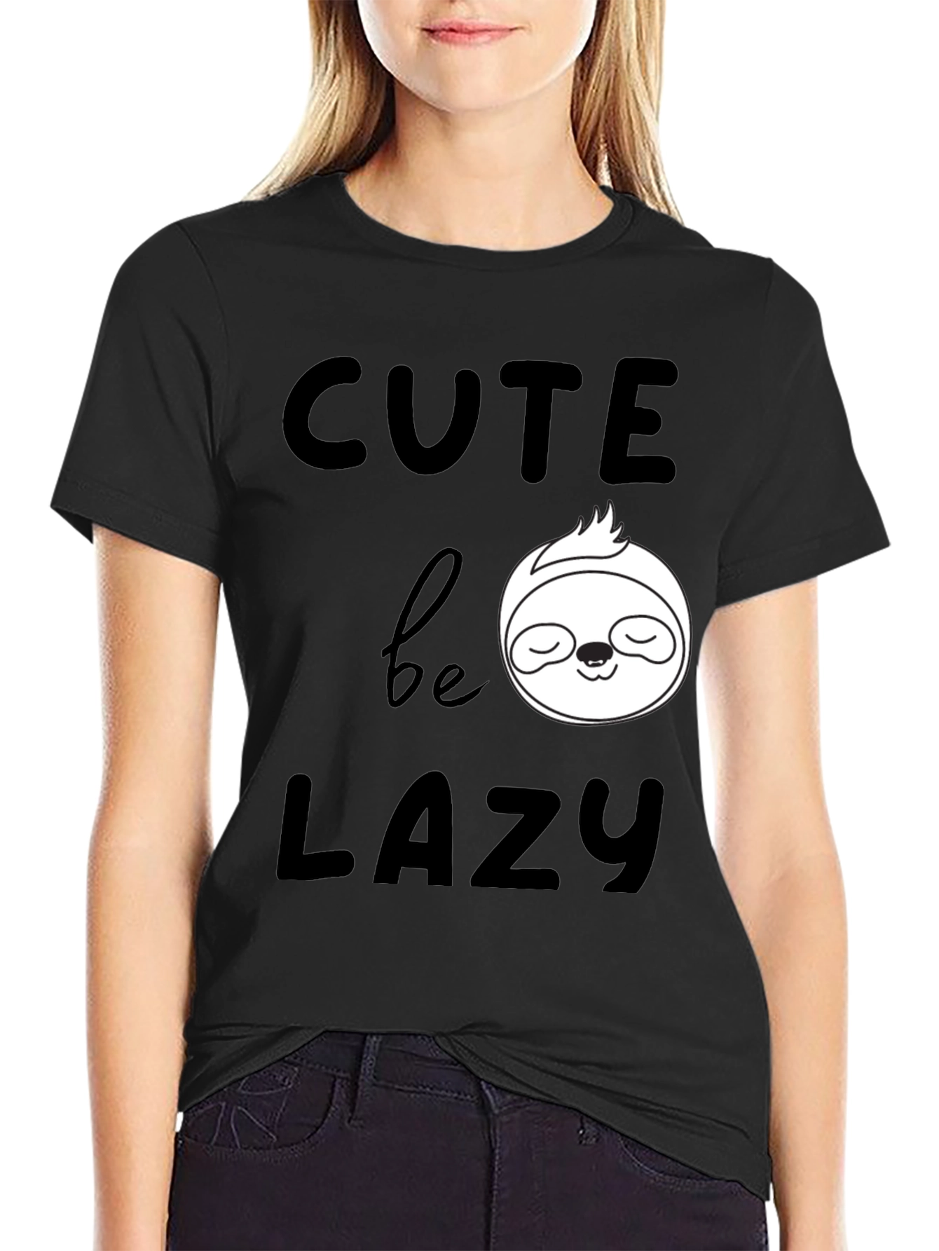 Black Cute Be Lazy Sloth Graphic T-Shirt view 2