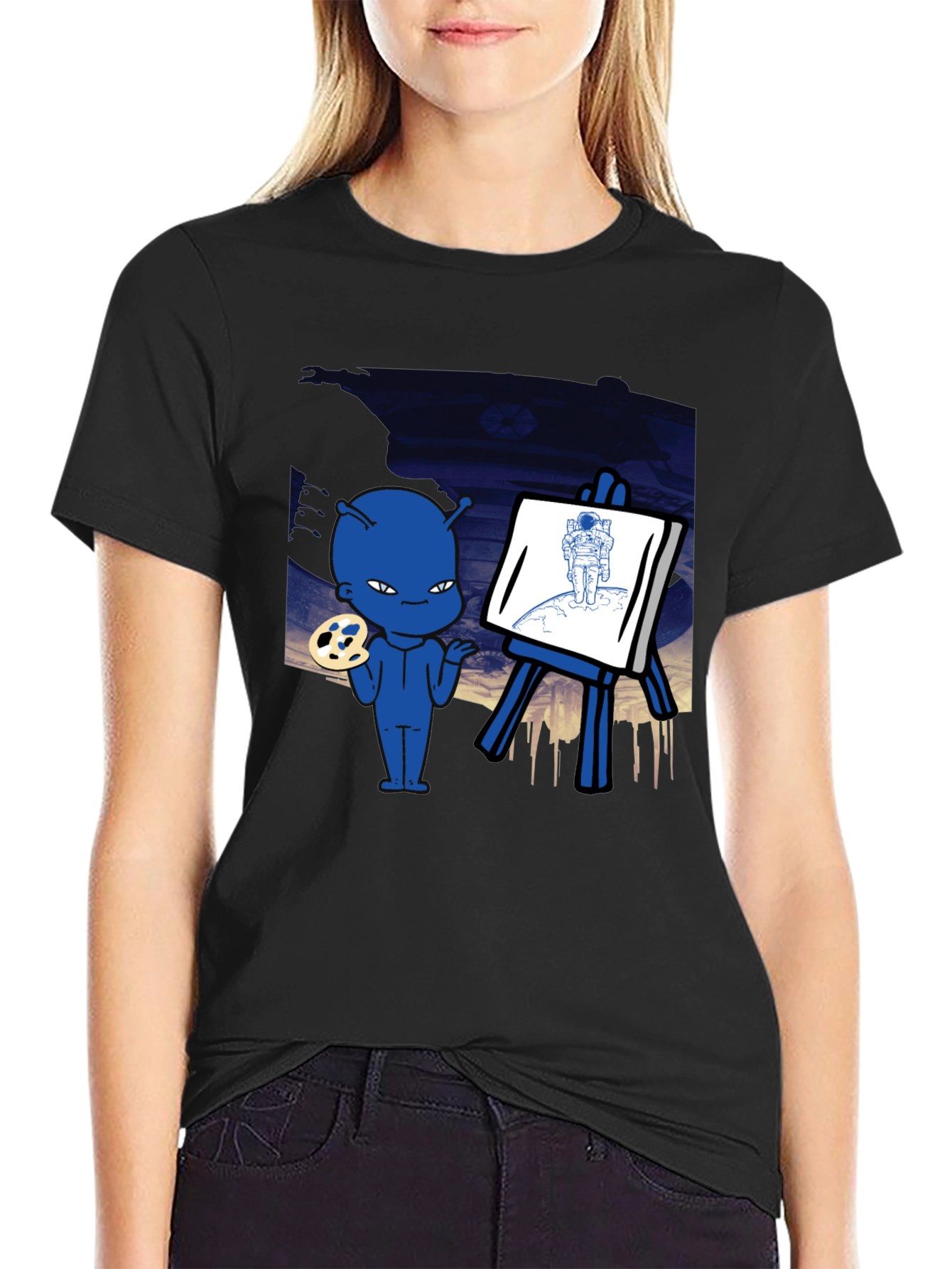 Black Alien Artist Graphic T-Shirt - Men's Black Crew Neck Tee view 2