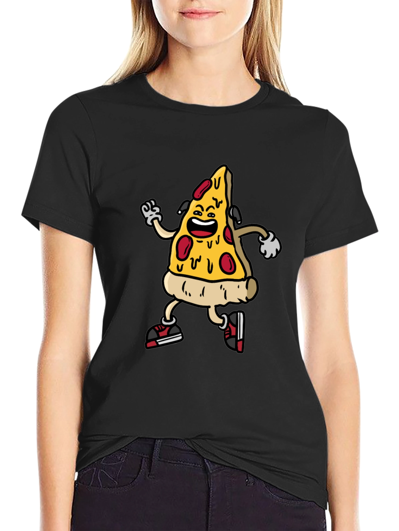 Black Cartoon Pizza Slice Graphic Tee - Black Cotton Blend Shirt view 2