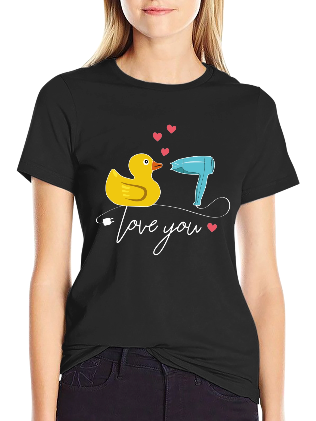 Black Duck & Hair Dryer 'Love You' Black T-Shirt view 2