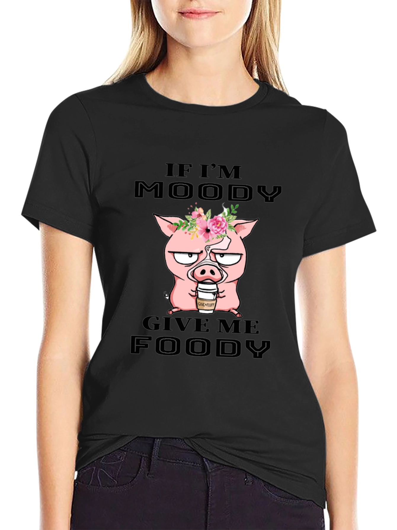 Black Moody Pig Foodie T-Shirt view 2