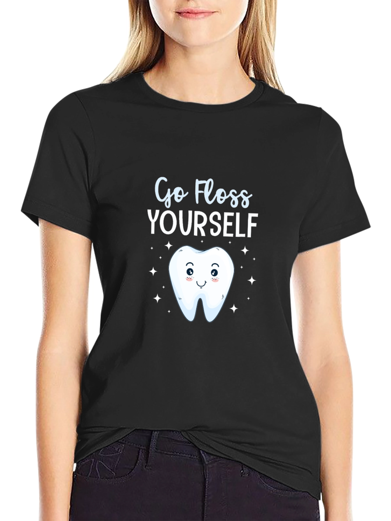Black Go Floss Yourself Funny Tooth T-Shirt view 2