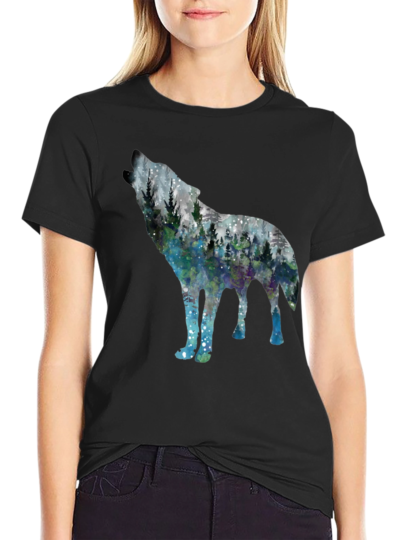 Black Wolf Forest Graphic Tee - Stylish Nature Shirt view 2