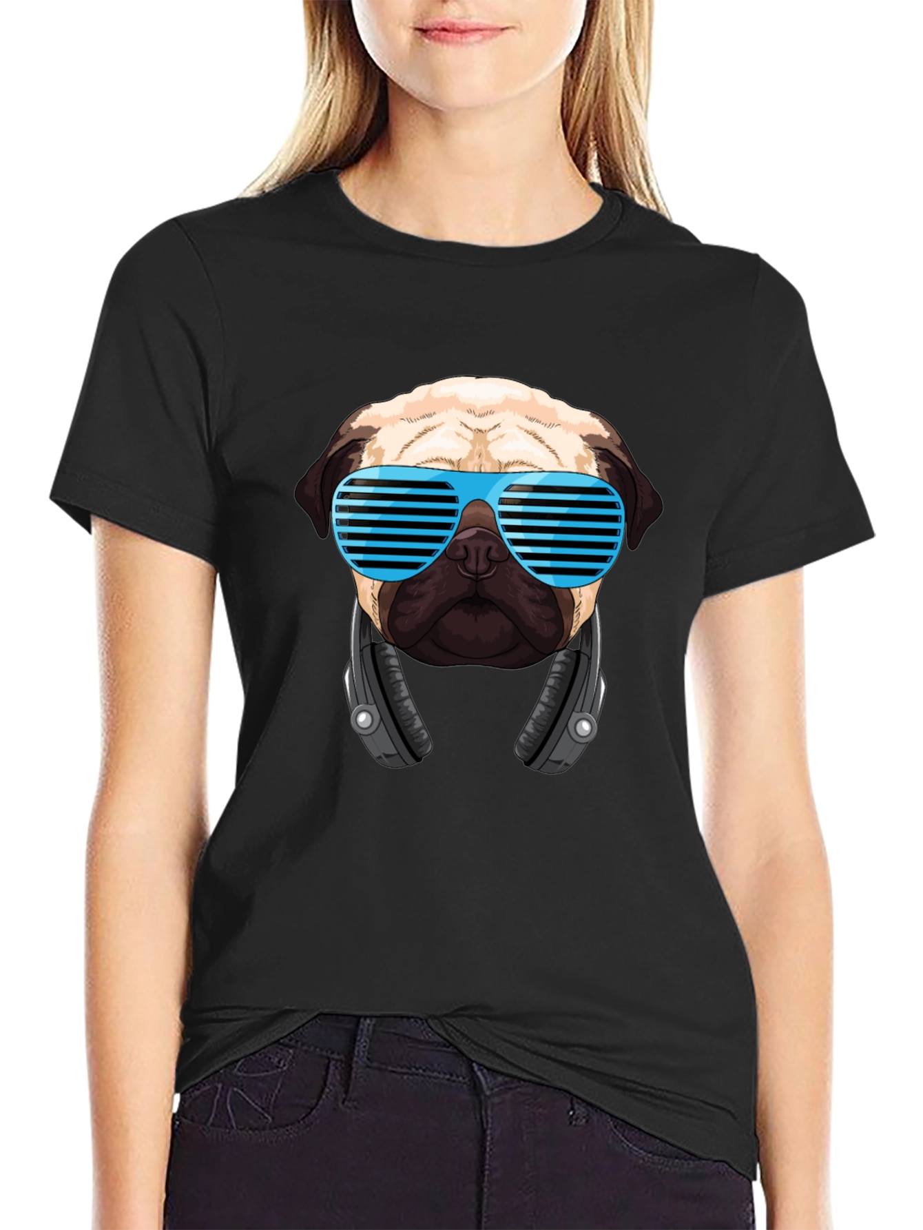 Black Cool Pug DJ Black T-Shirt view 2