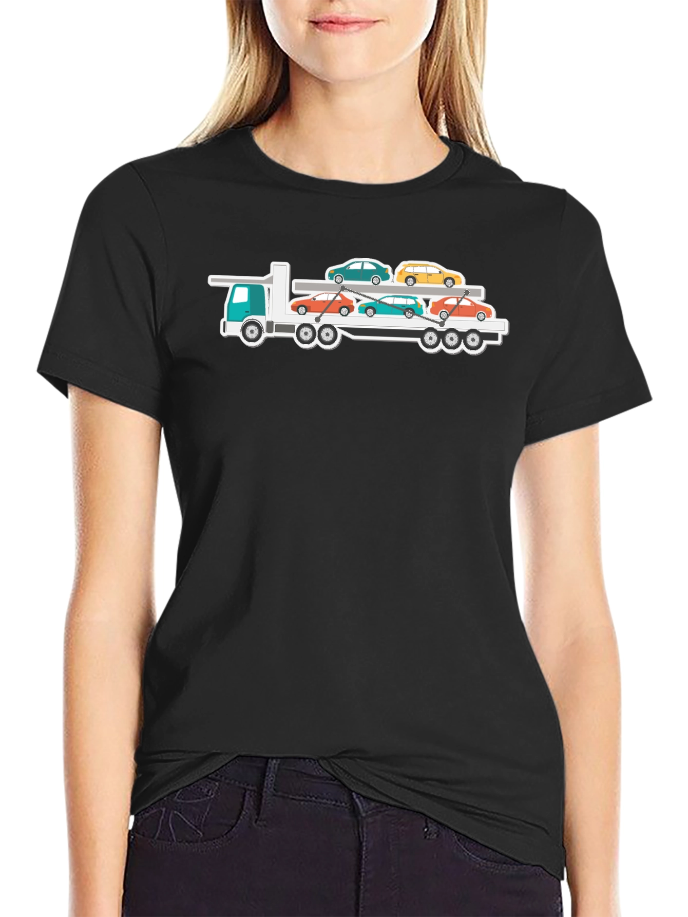 Black Car Carrier Truck T-Shirt - Automotive Enthusiast Tee view 2