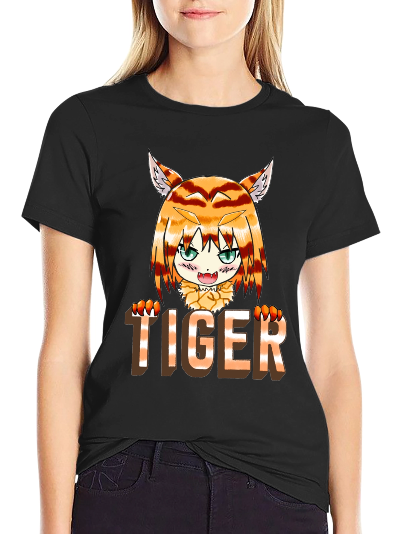 Black Anime Tiger Graphic Tee - Fun Casual Wear view 2