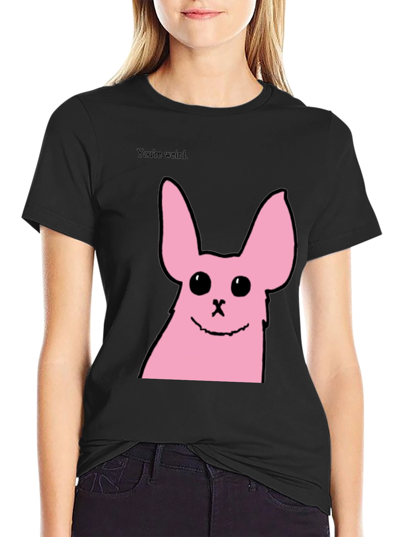 Black Funny Pink Bunny Graphic Tee - You're Weird view 2