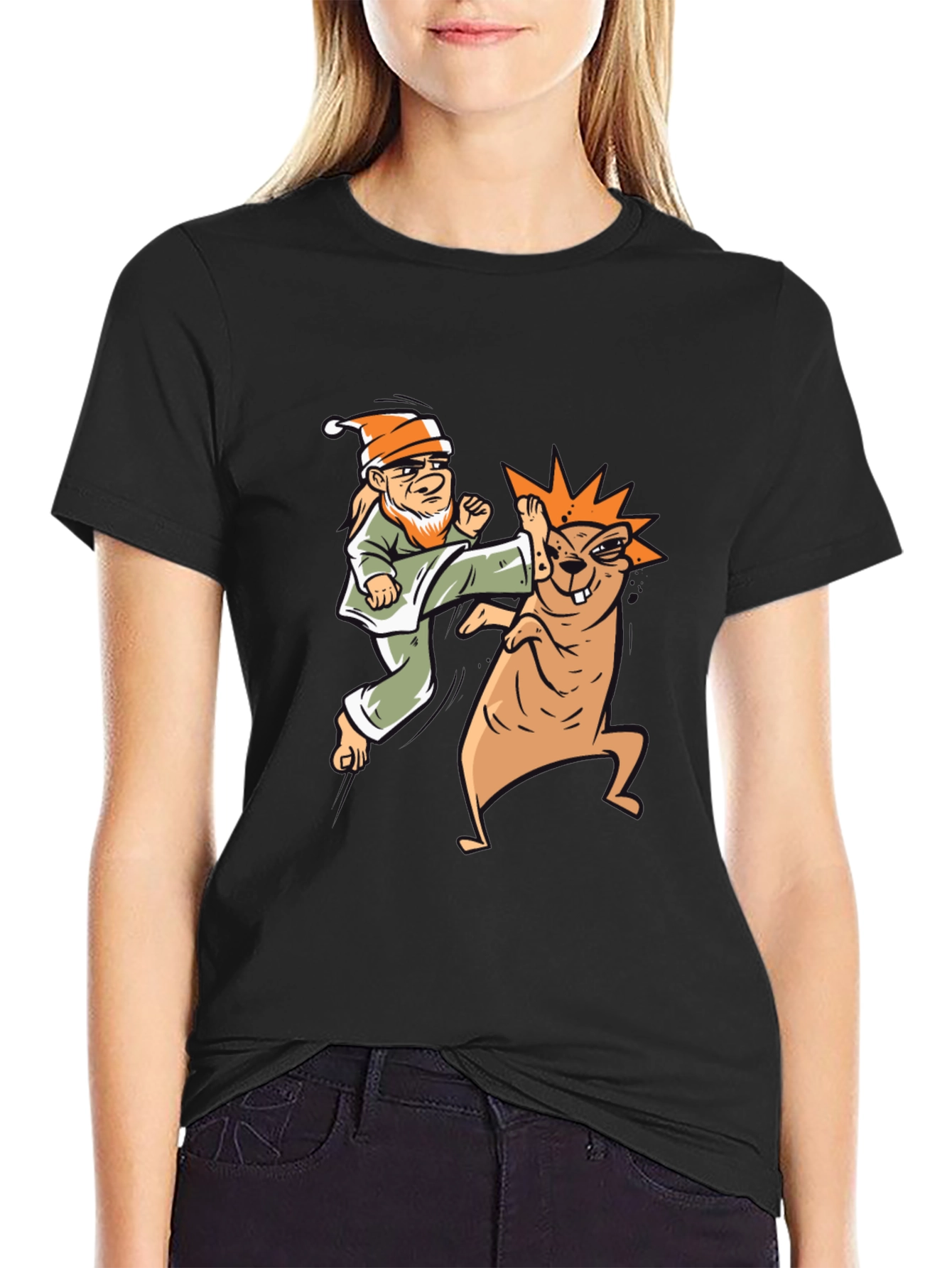 Black Funny Karate Gnome vs. Beaver Graphic T-Shirt view 2