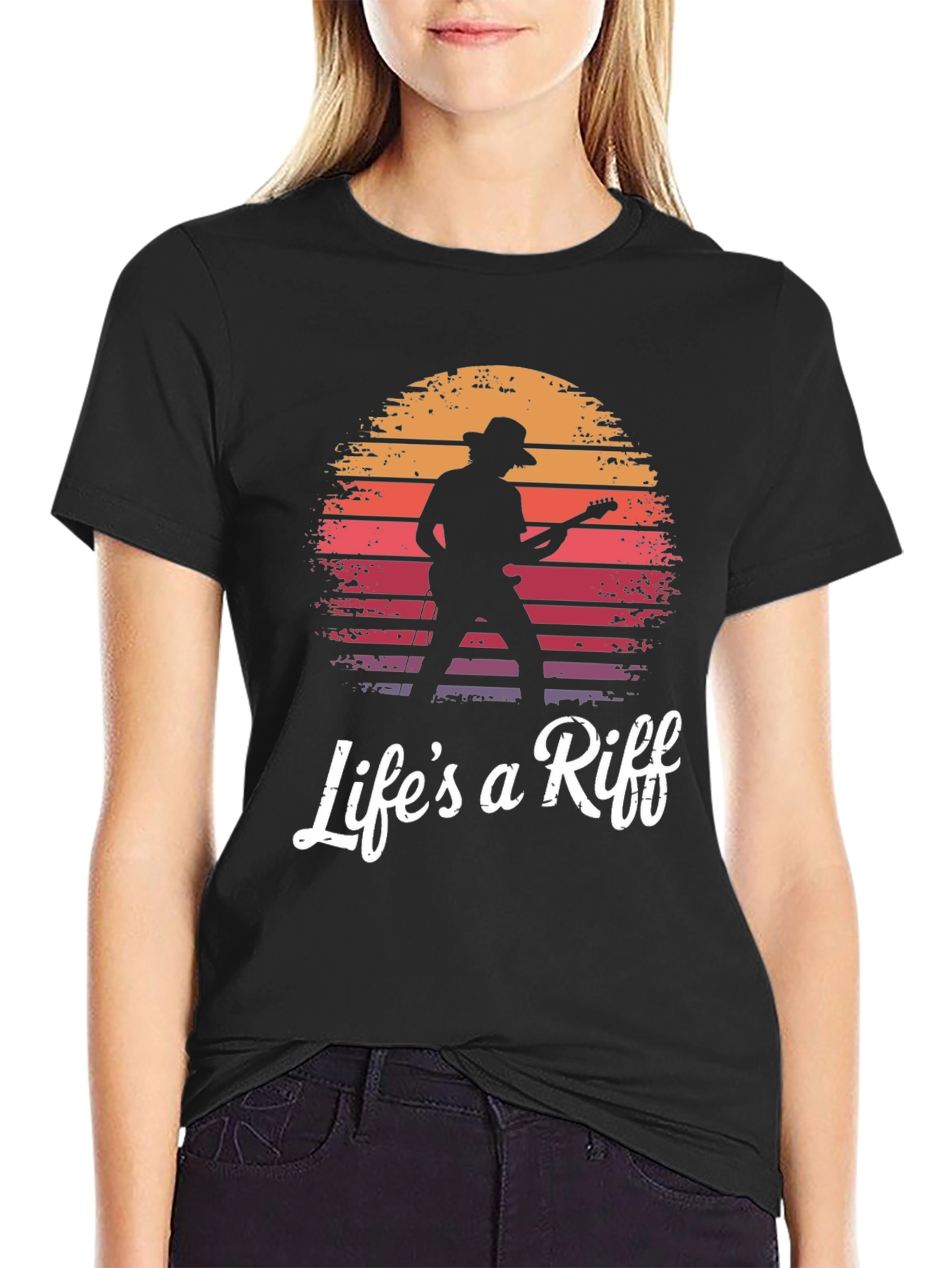 Black Life's a Riff Guitarist Sunset Graphic T-Shirt view 2