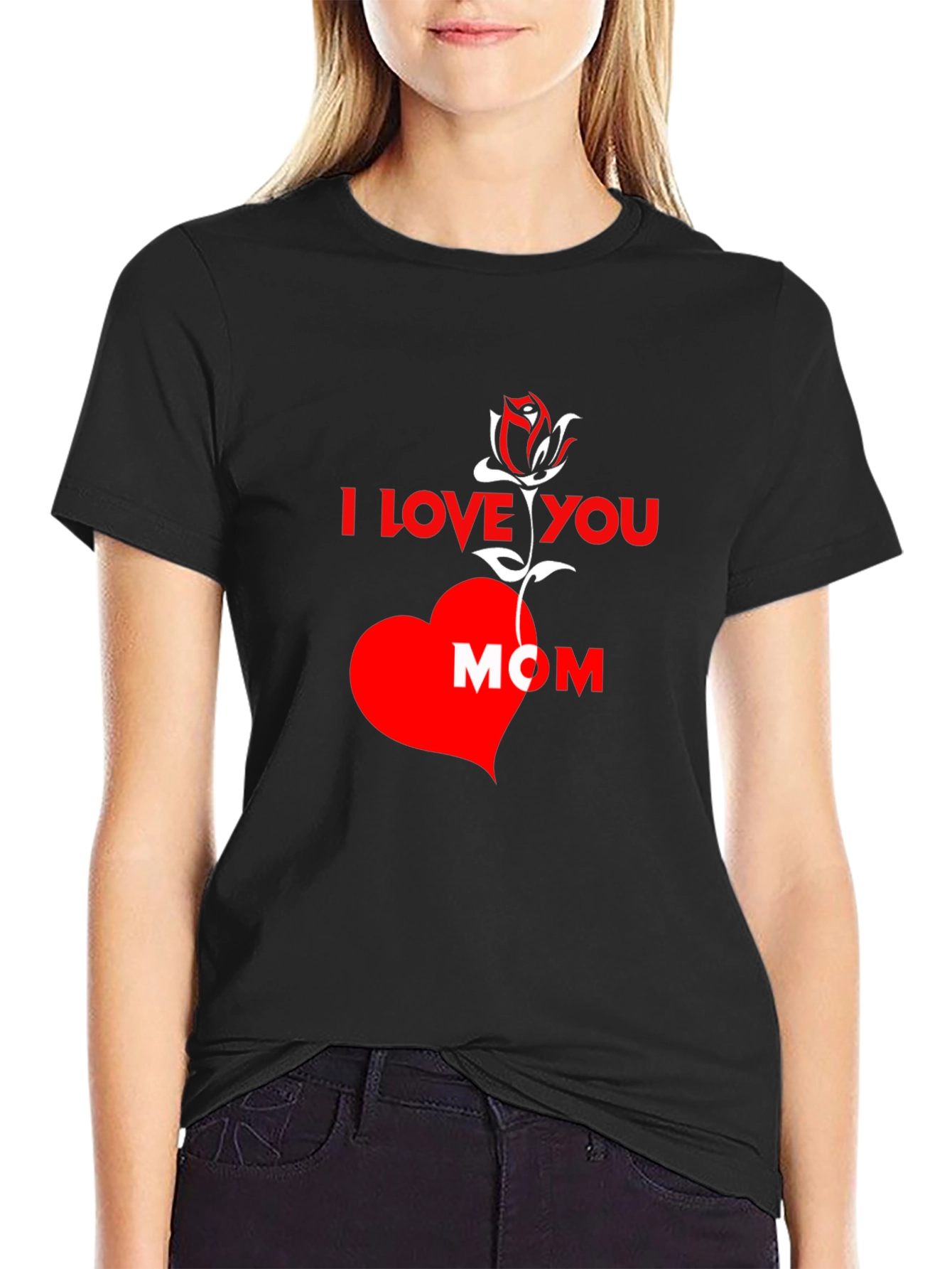 Black I Love You Mom T-Shirt - Rose Heart Design view 2