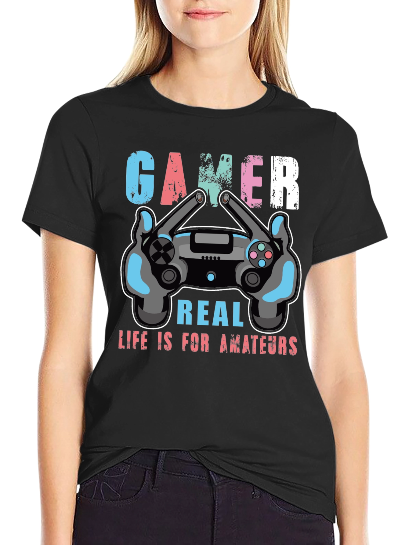 Black Gamer Life is for Amateurs Graphic T-Shirt view 2